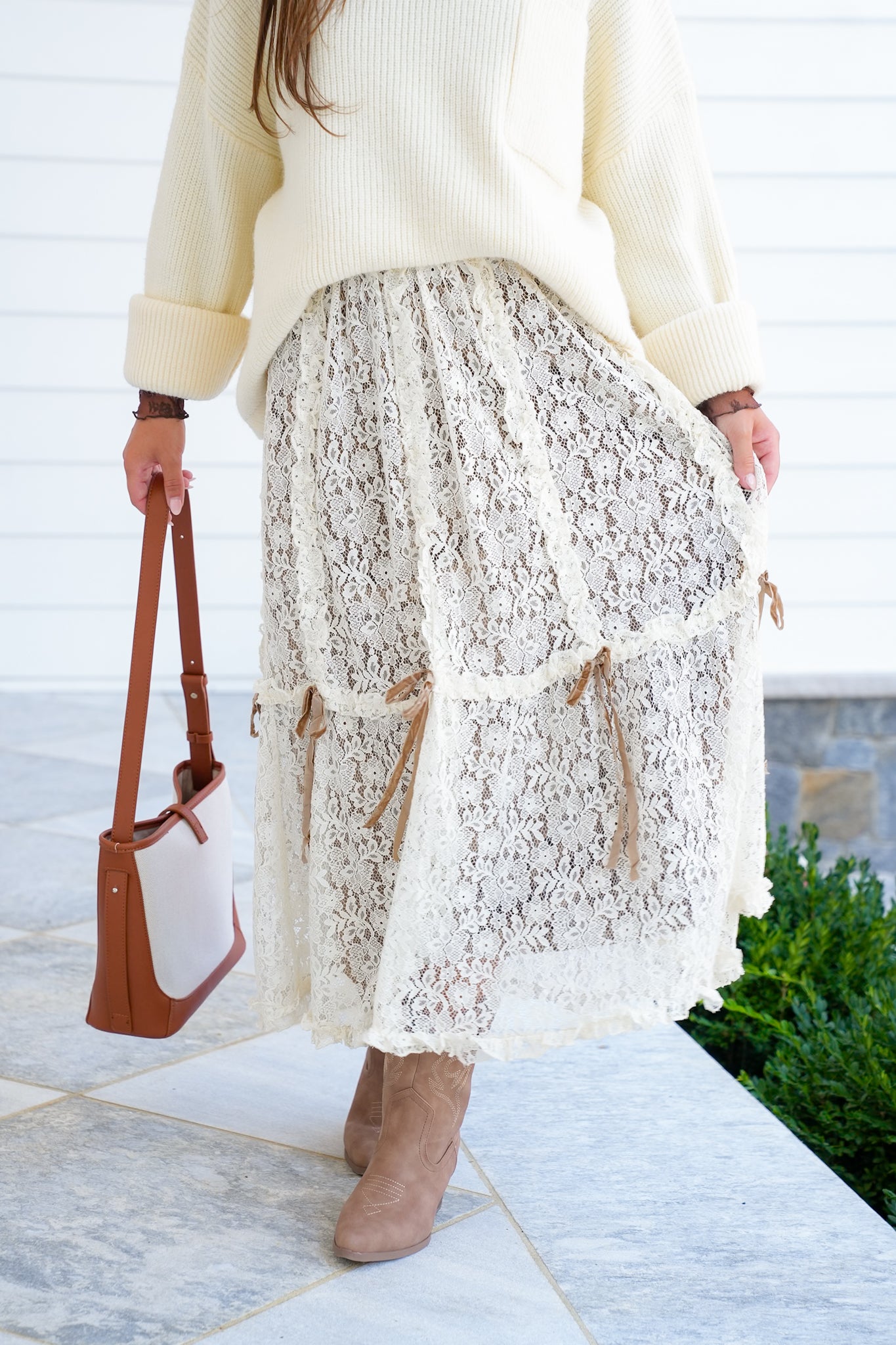 Lace Elastic Waist Midi Skirt with Bow Detail