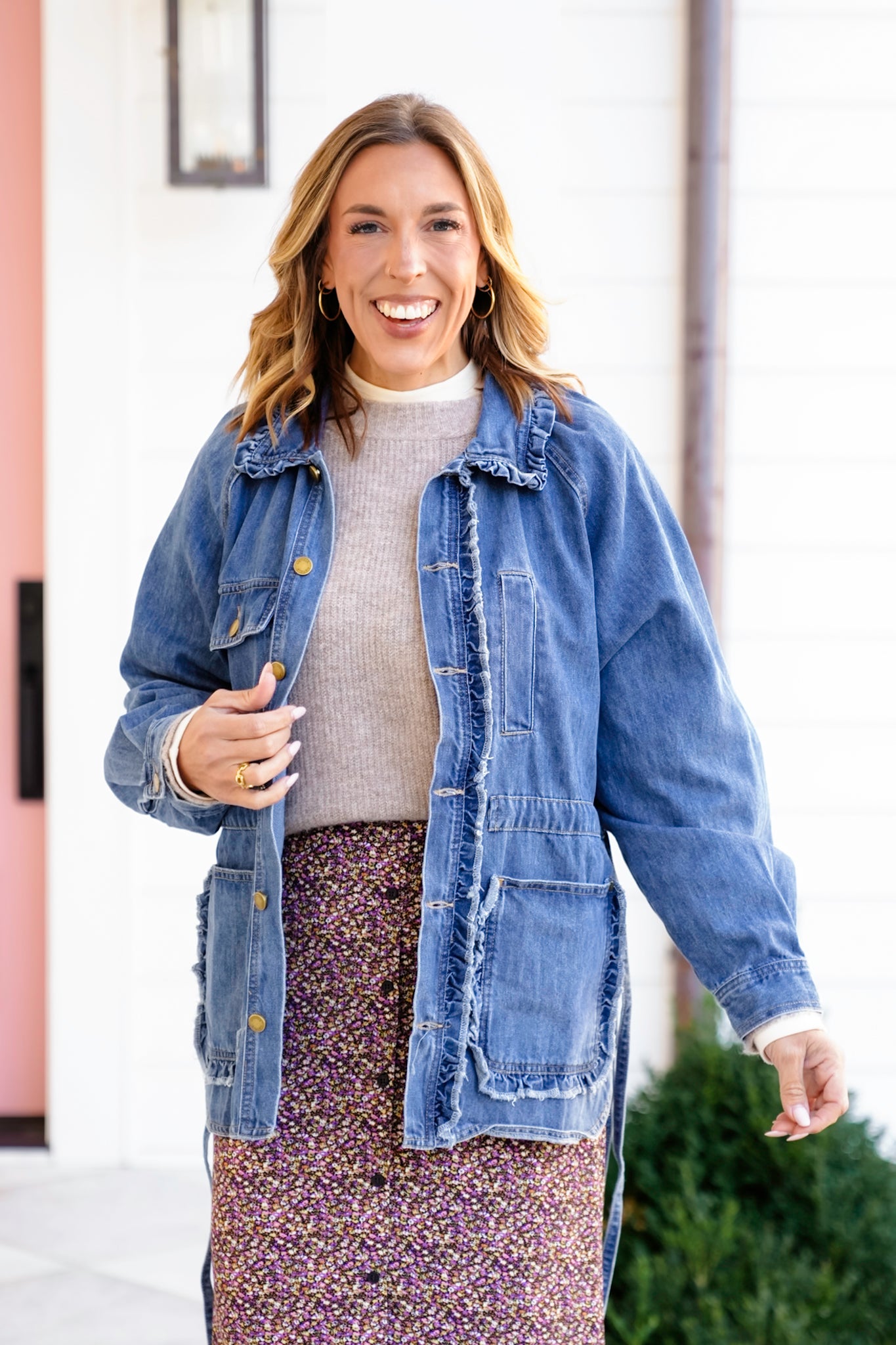 Medium Wash Long Sleeve Button Down Utility Jacket