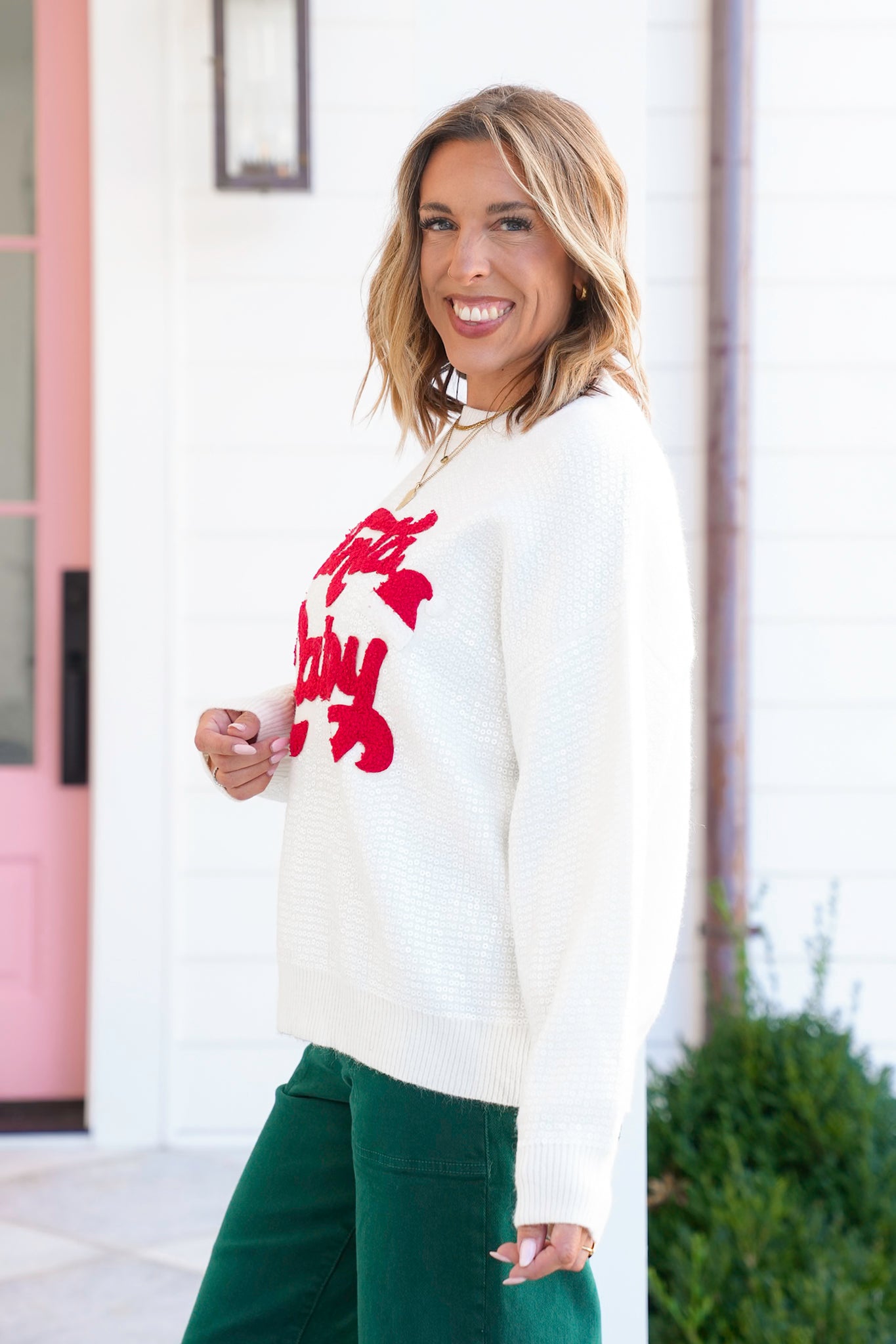 Sequin Long Sleeve "Santa Baby" Pullover Sweater