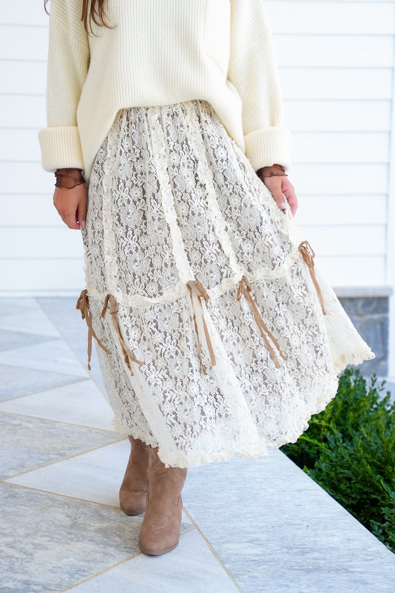 Lace Elastic Waist Midi Skirt with Bow Detail