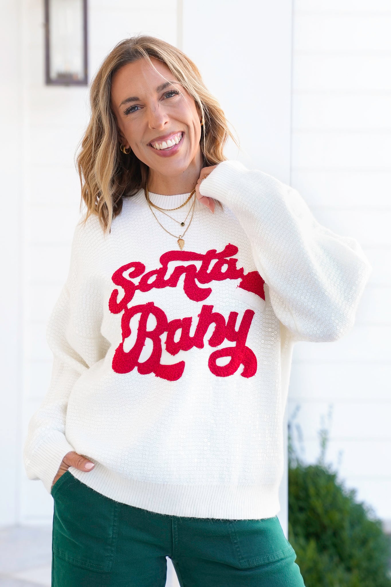 Sequin Long Sleeve "Santa Baby" Pullover Sweater