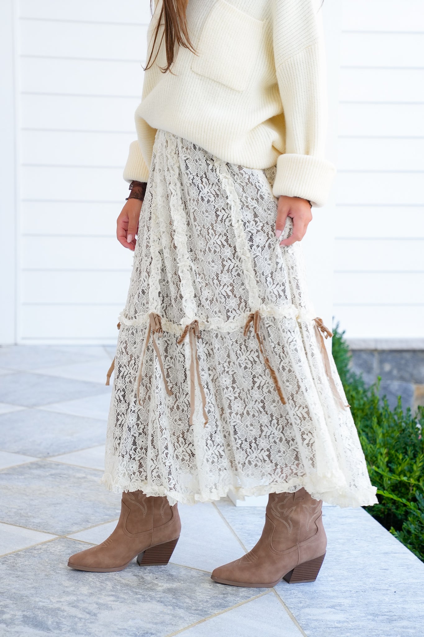 Lace Elastic Waist Midi Skirt with Bow Detail