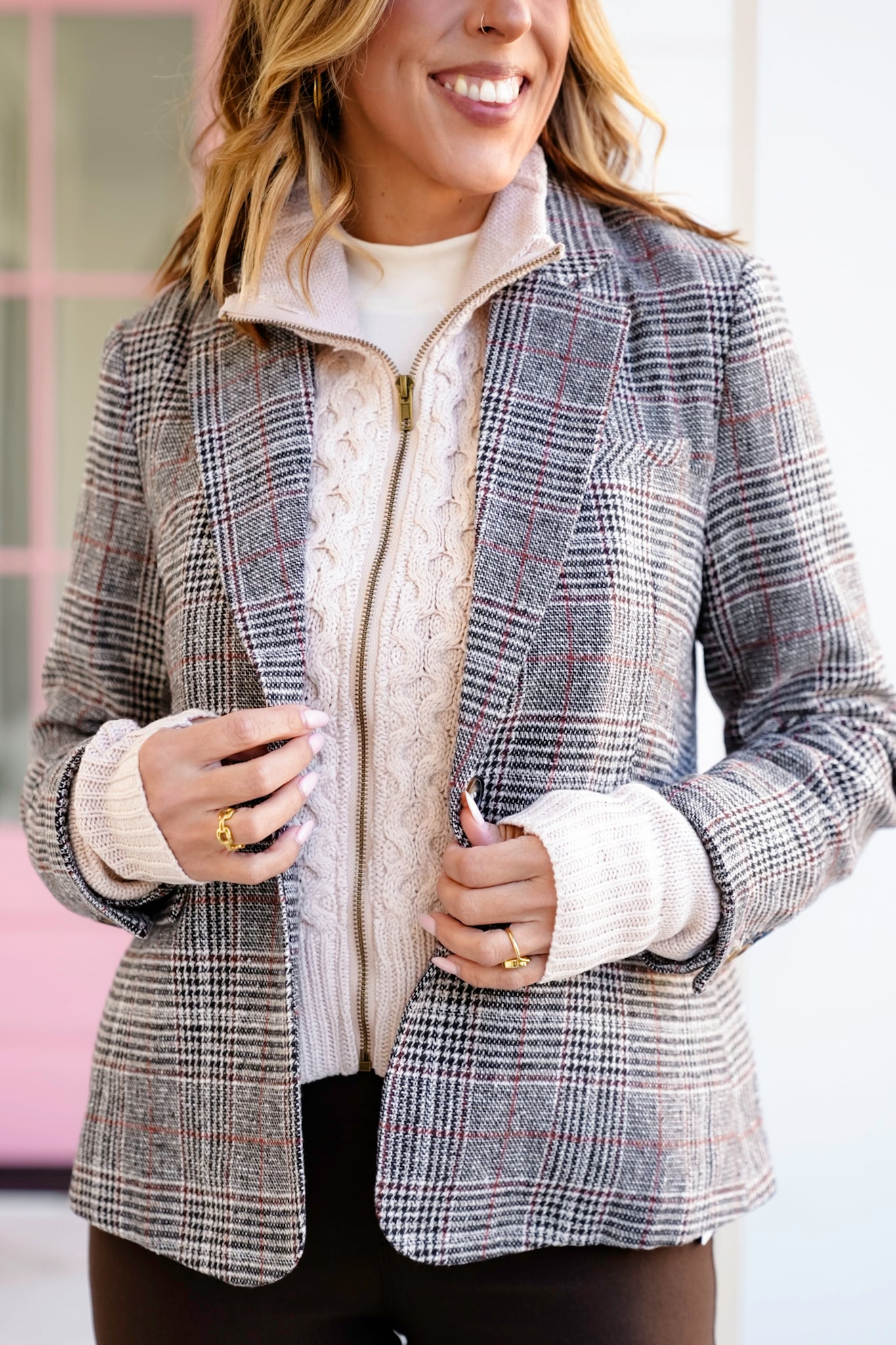 Plaid Long Sleeve Blazer with Sweater Insert