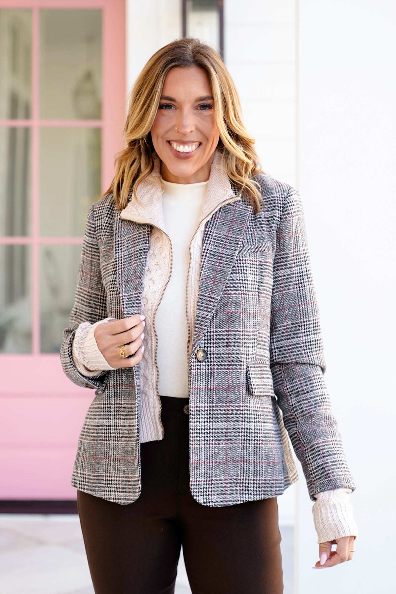 Plaid Long Sleeve Blazer with Sweater Insert