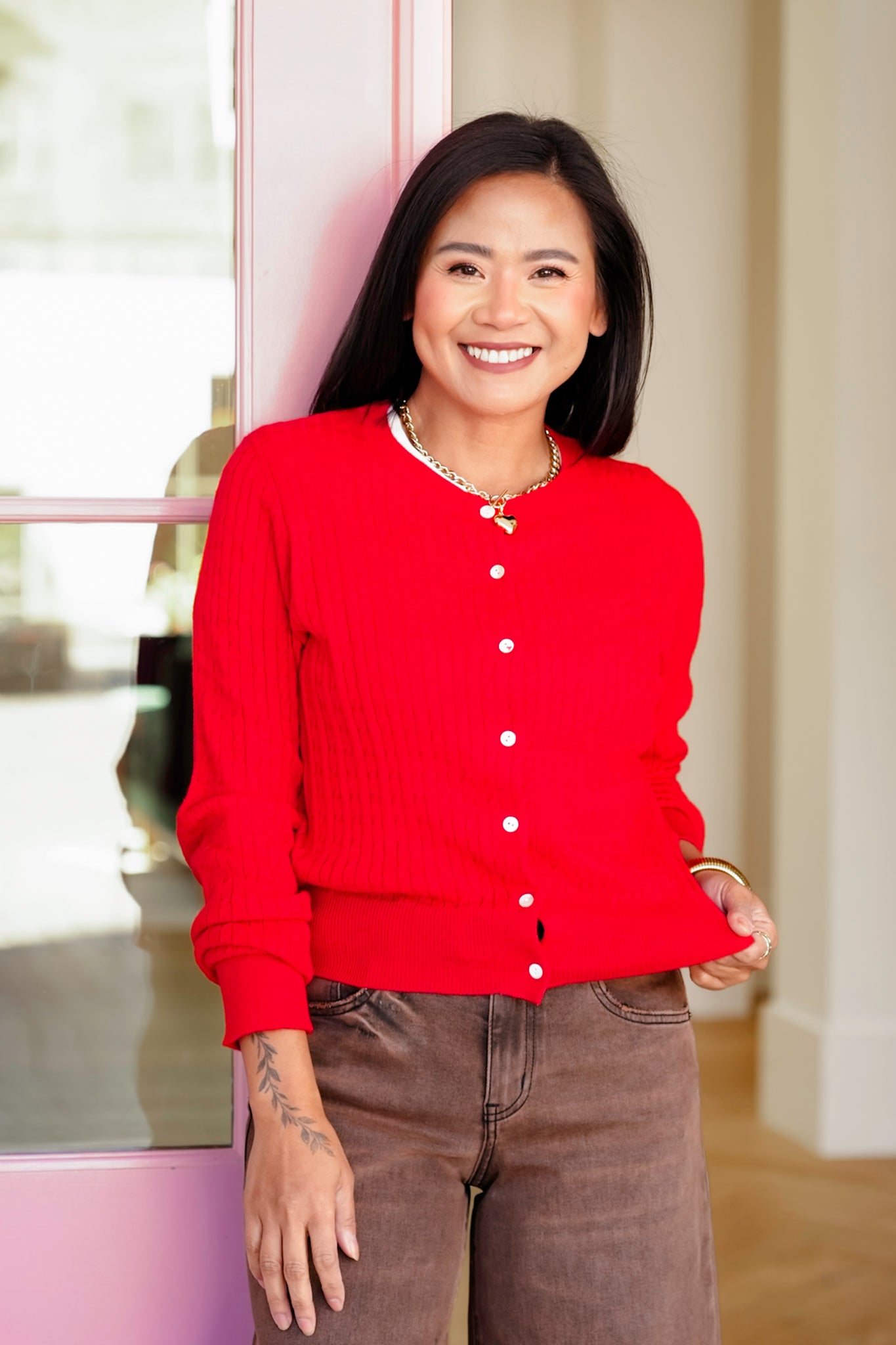 Red Cable Knit Long Sleeve Button Down Cardigan