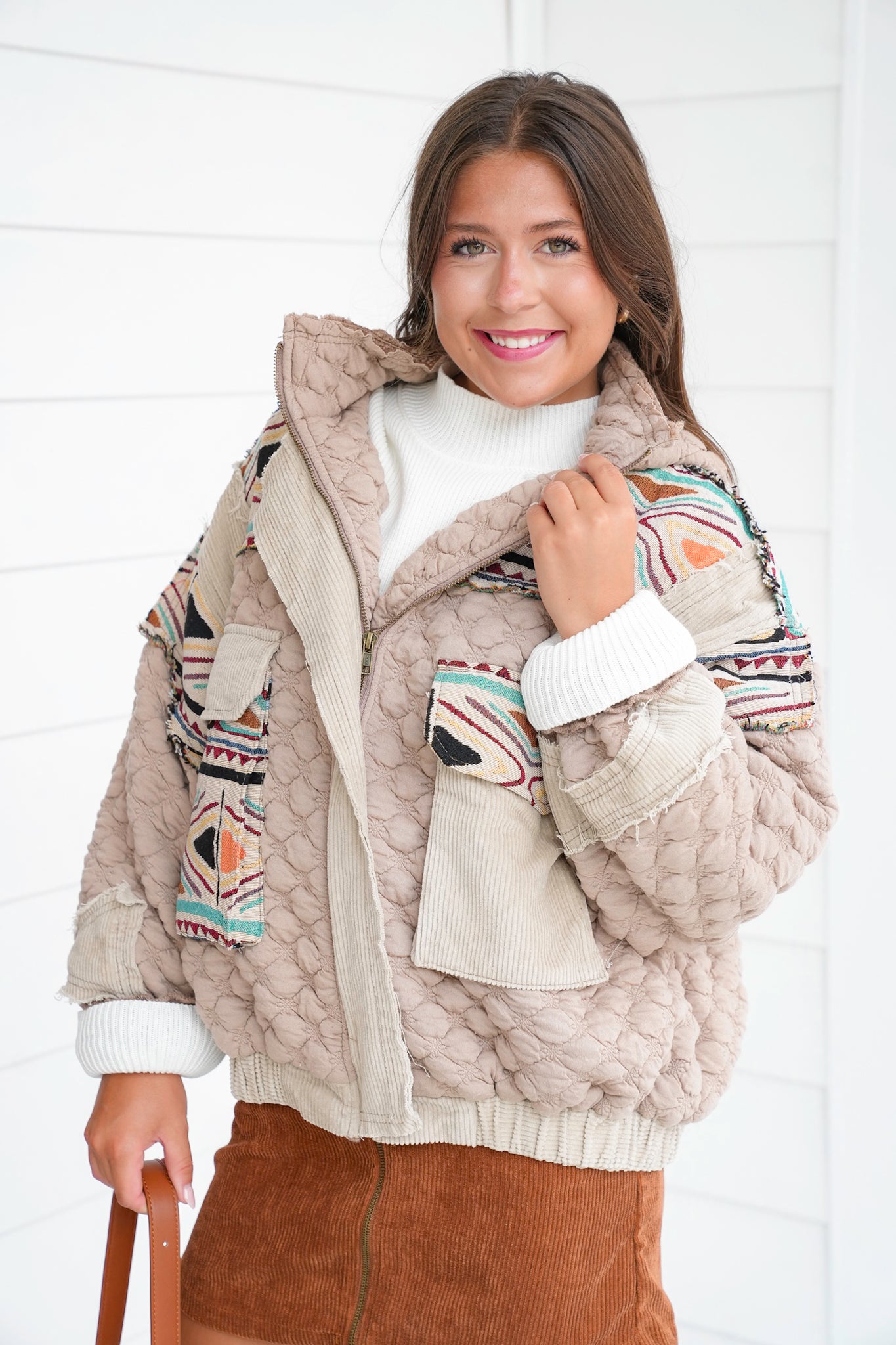 POL Quilted Long Sleeve Hoodie Jacket with Jacquard Detail