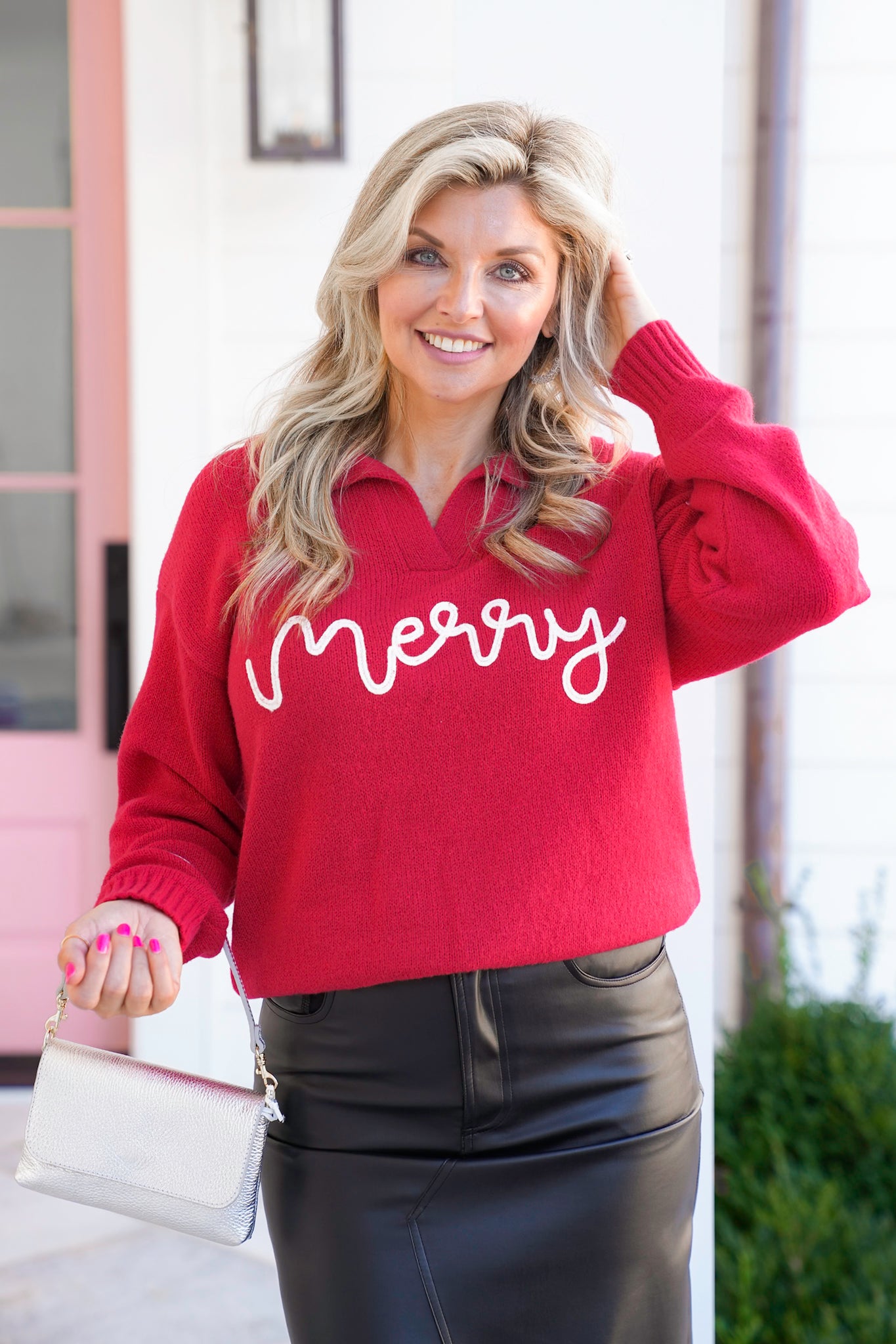 Plus/Reg Red Collared Long Sleeve "Merry" Sweater