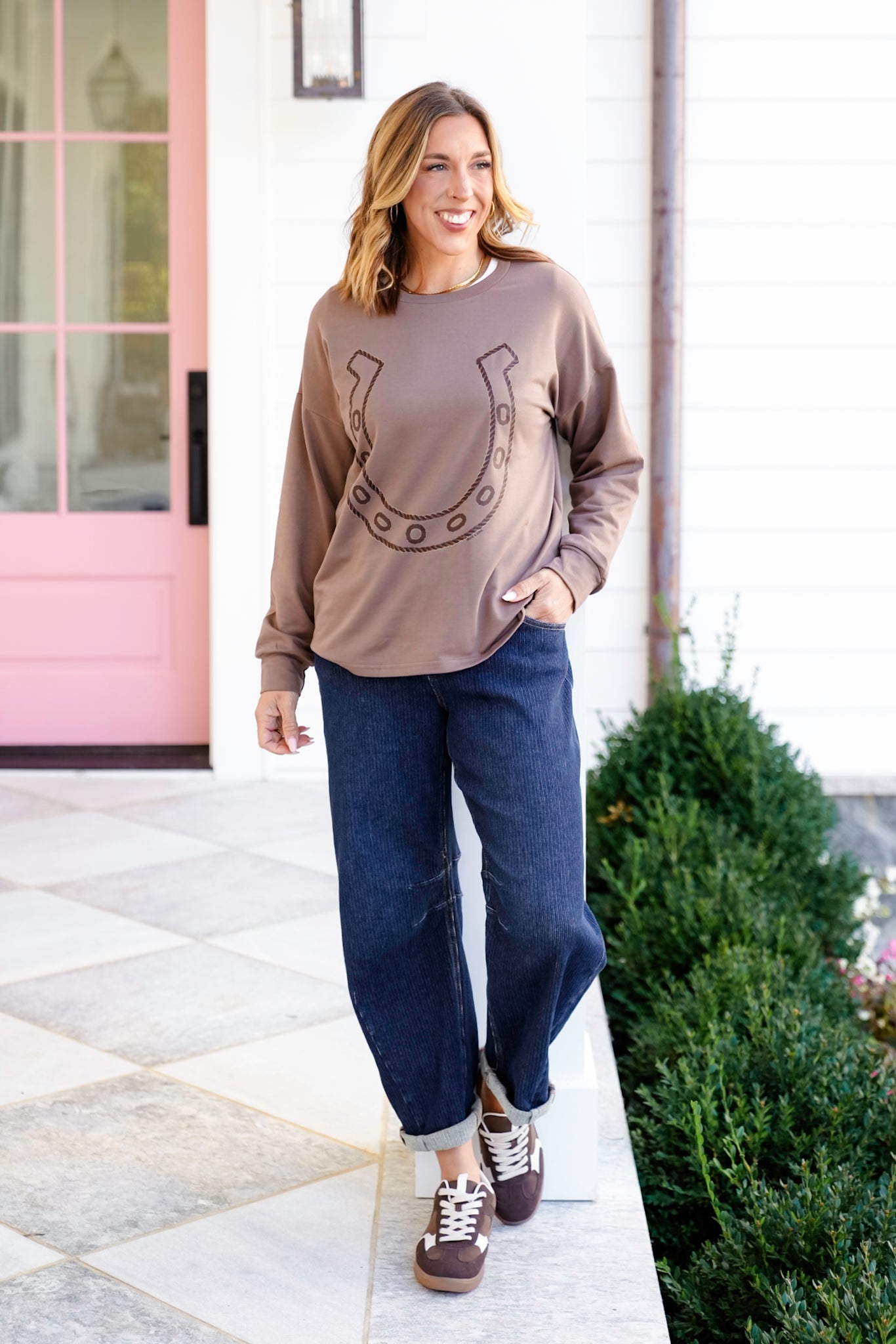Plus/Reg Long Sleeve Sweatshirts with Horse Shoe Print