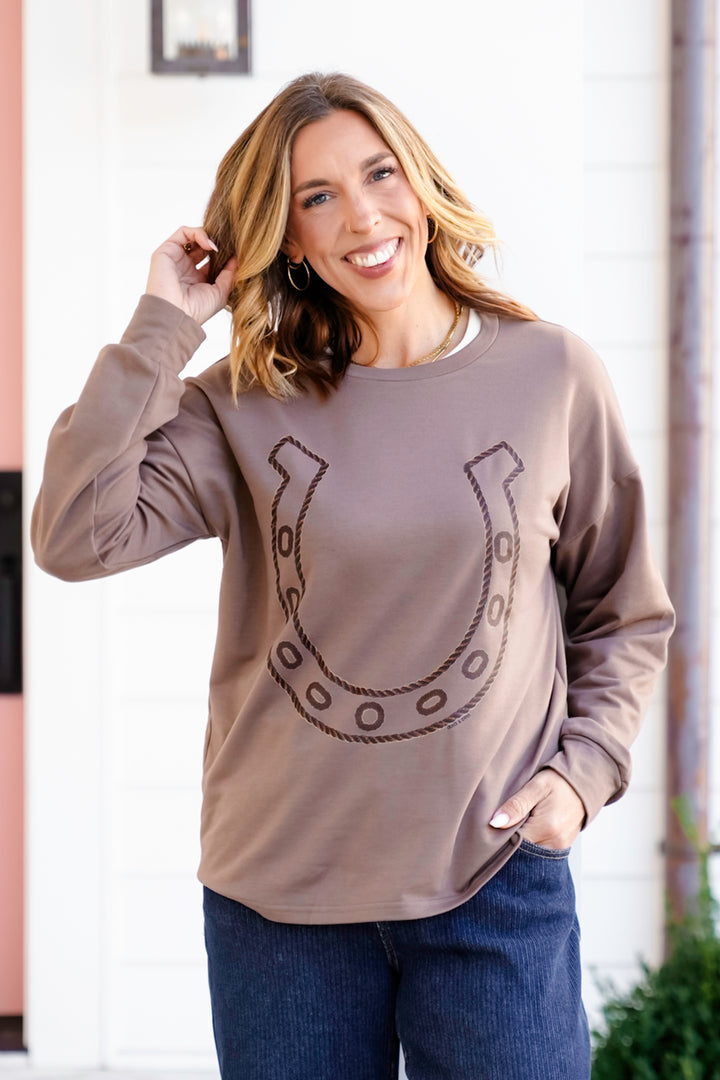 Plus/Reg Long Sleeve Sweatshirts with Horse Shoe Print