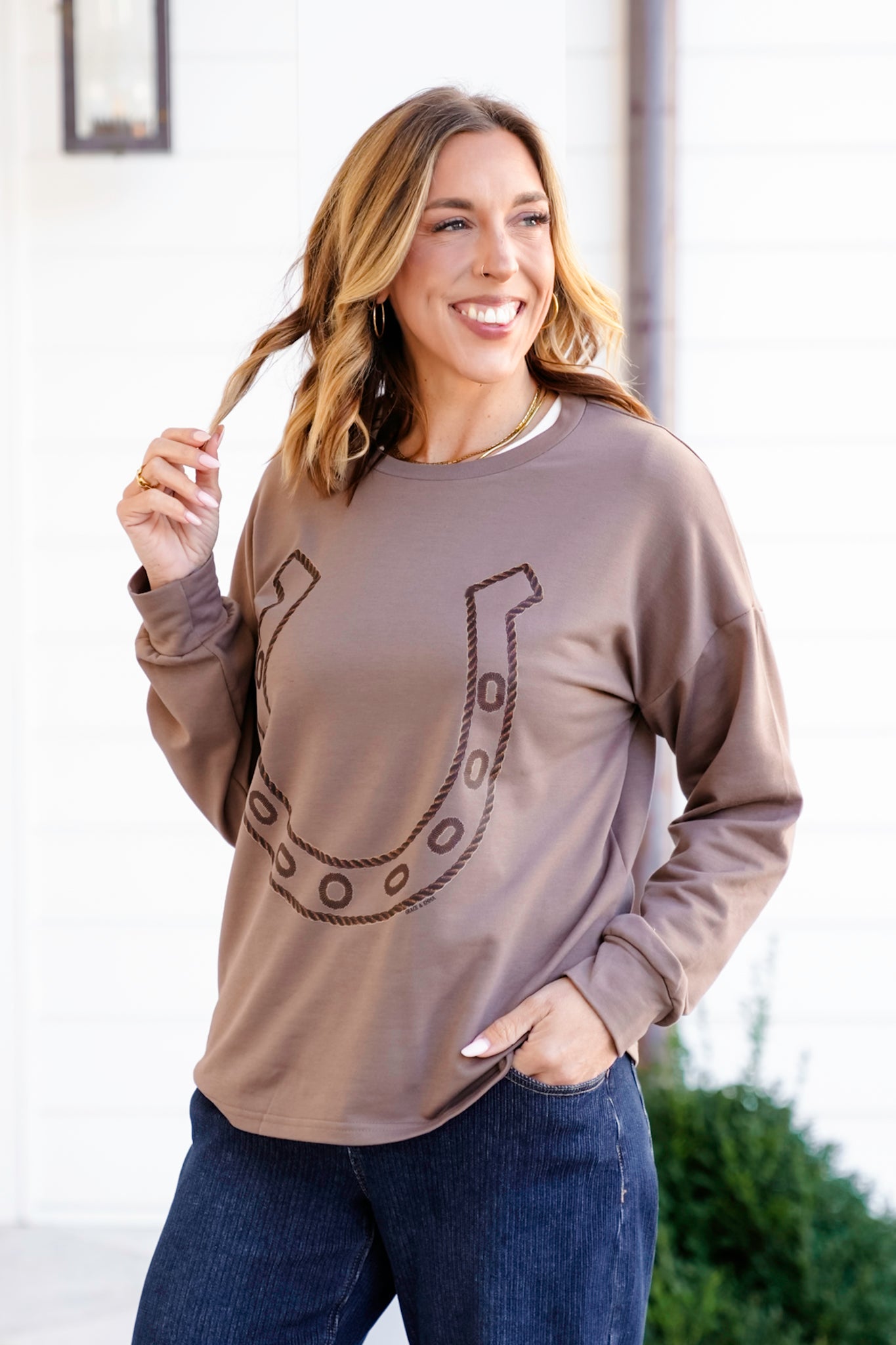 Plus/Reg Long Sleeve Sweatshirts with Horse Shoe Print