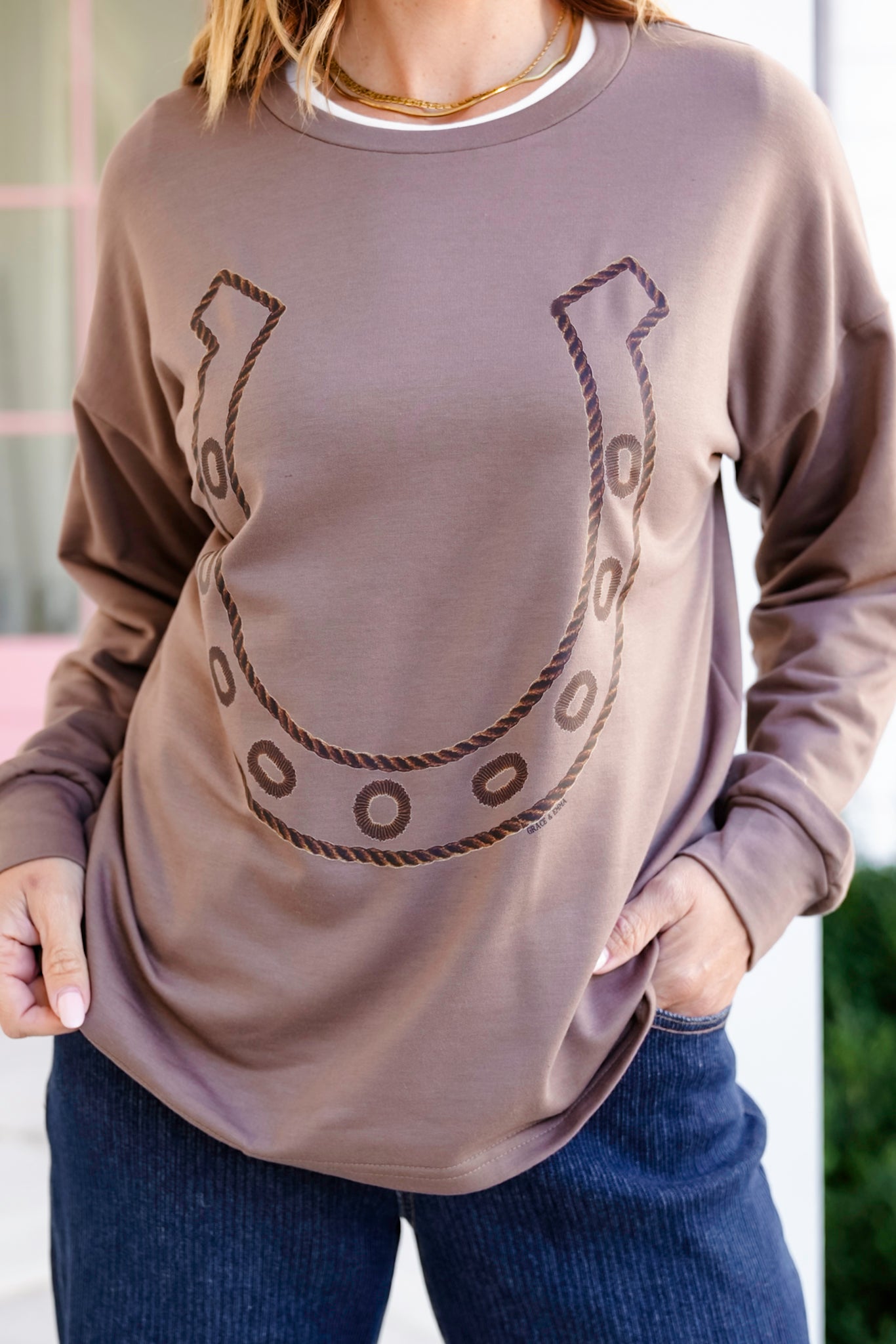 Plus/Reg Long Sleeve Sweatshirts with Horse Shoe Print