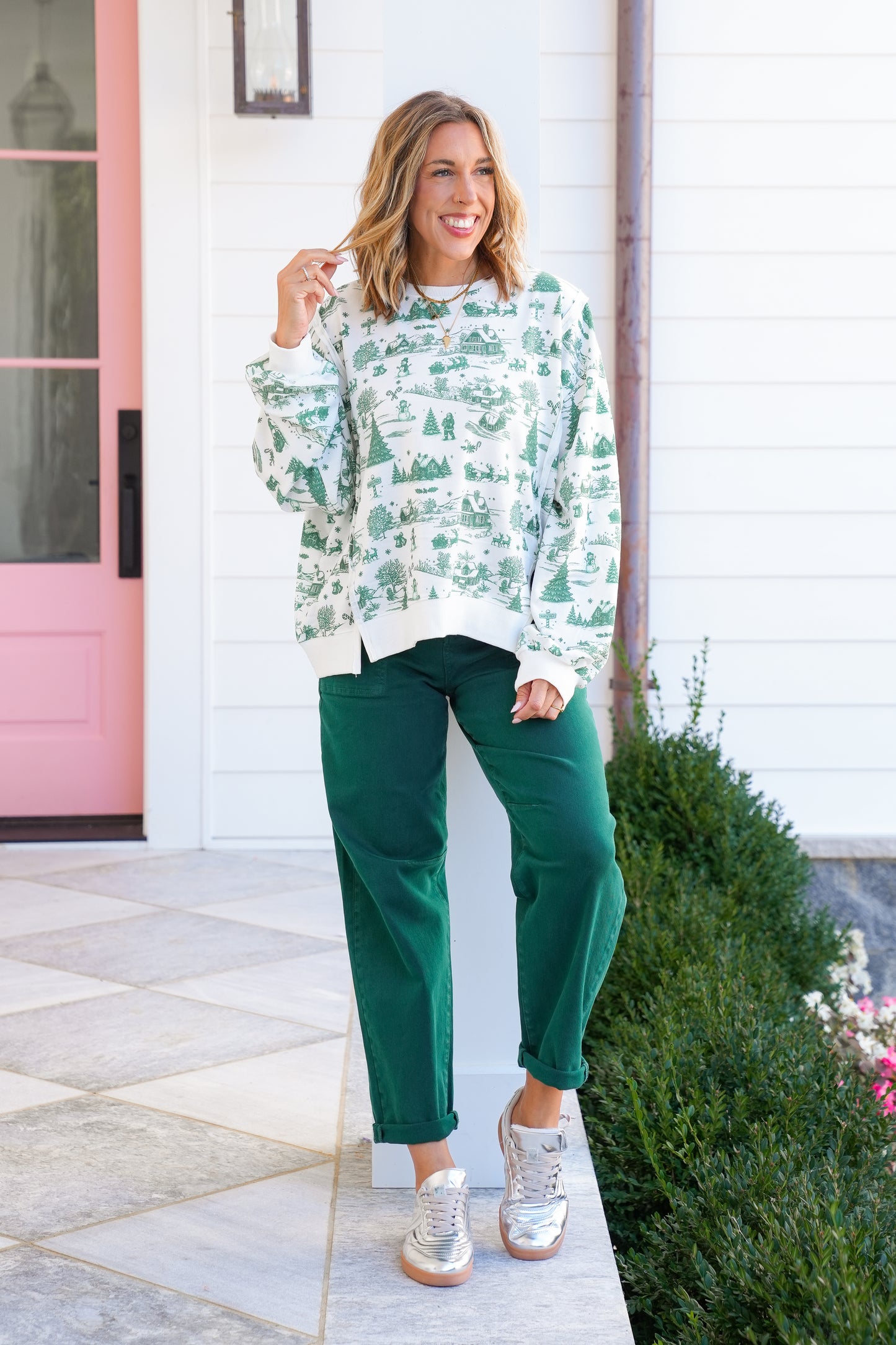 Christmas Toile Print Long Sleeve Pullover Top
