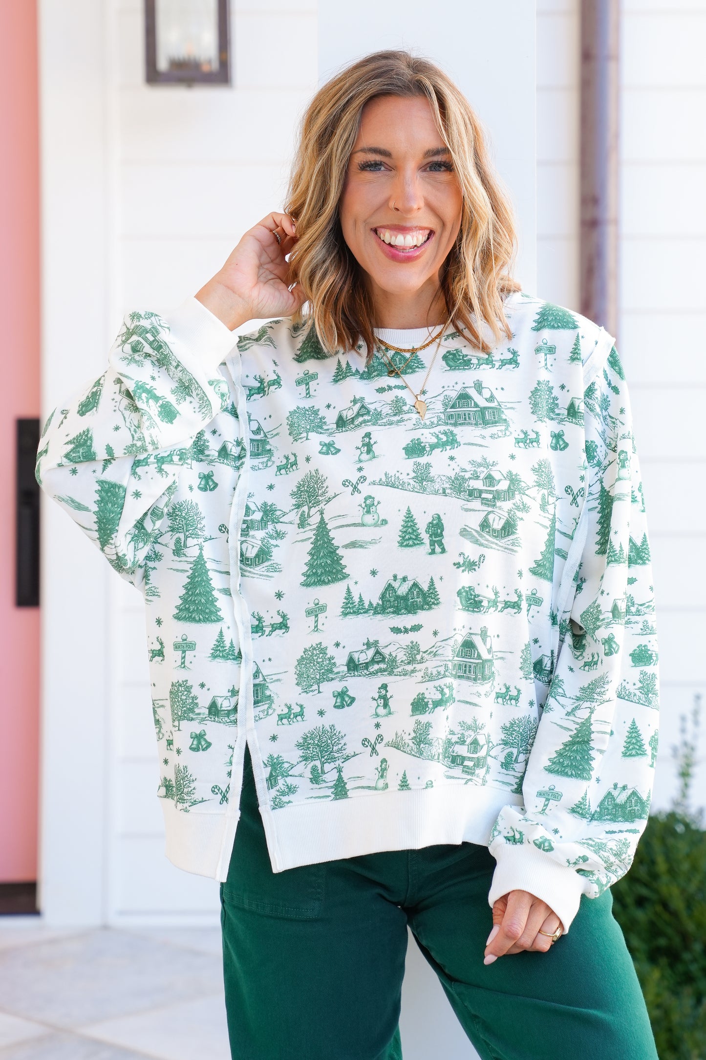 Christmas Toile Print Long Sleeve Pullover Top