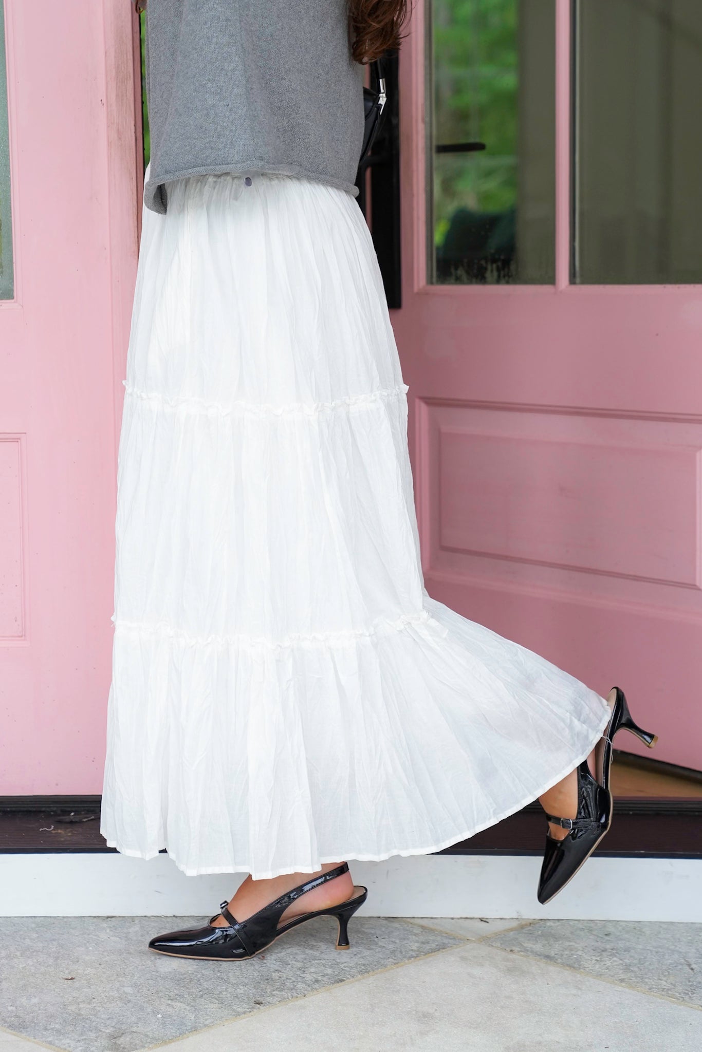 White Crinkle Elastic Waist Tiered Midi Skirt with Side Pockets