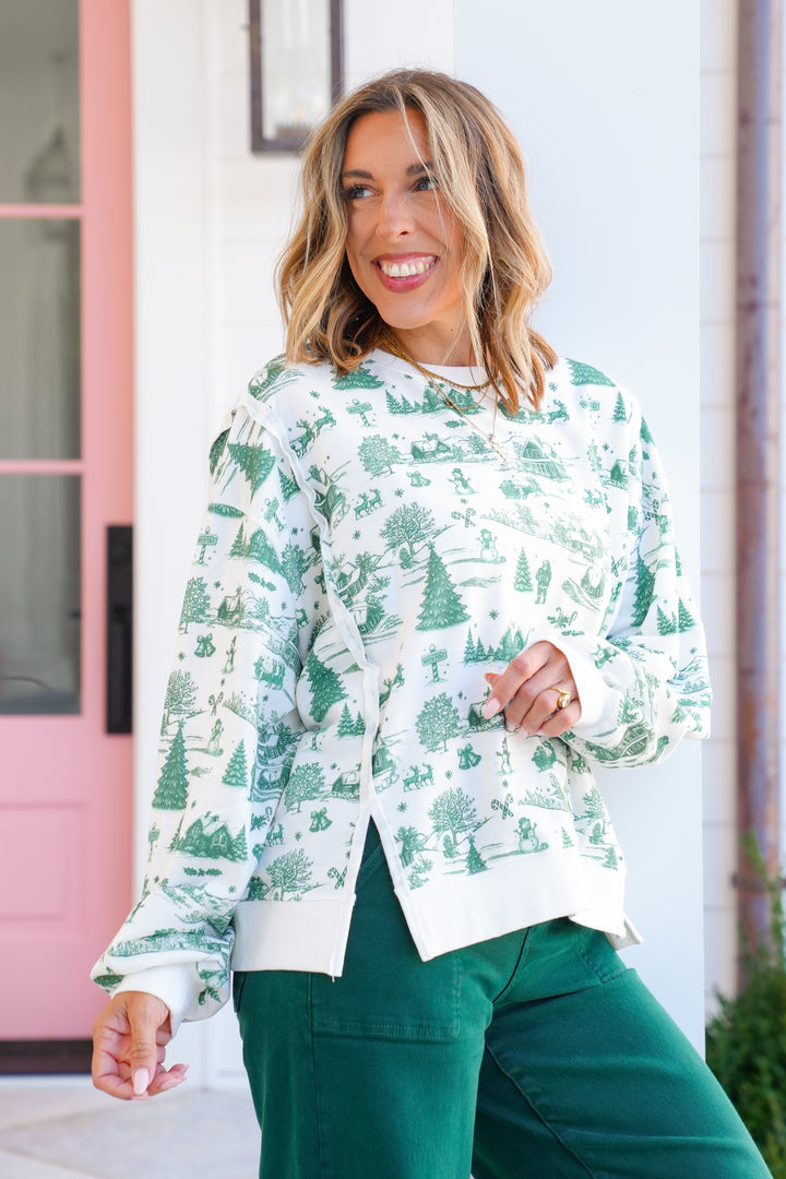 Christmas Toile Print Long Sleeve Pullover Top