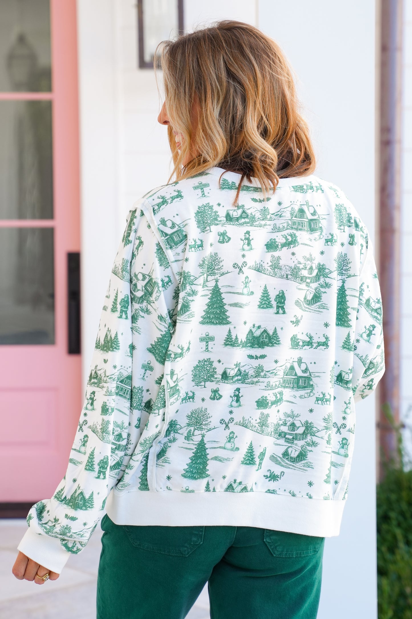 Christmas Toile Print Long Sleeve Pullover Top