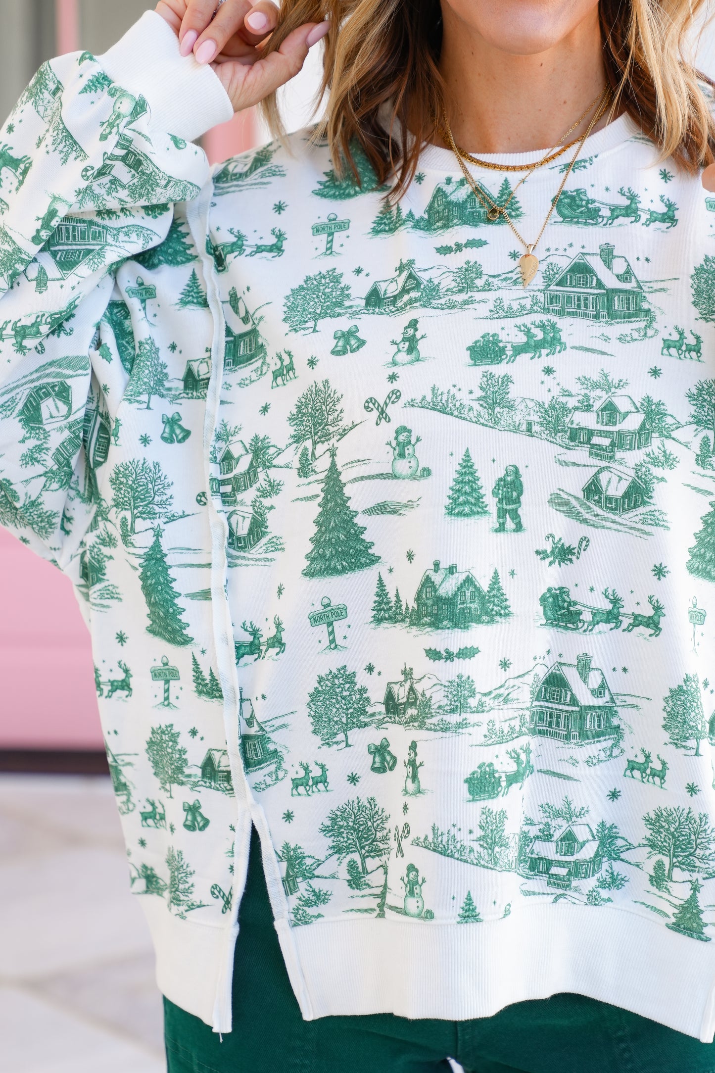 Christmas Toile Print Long Sleeve Pullover Top