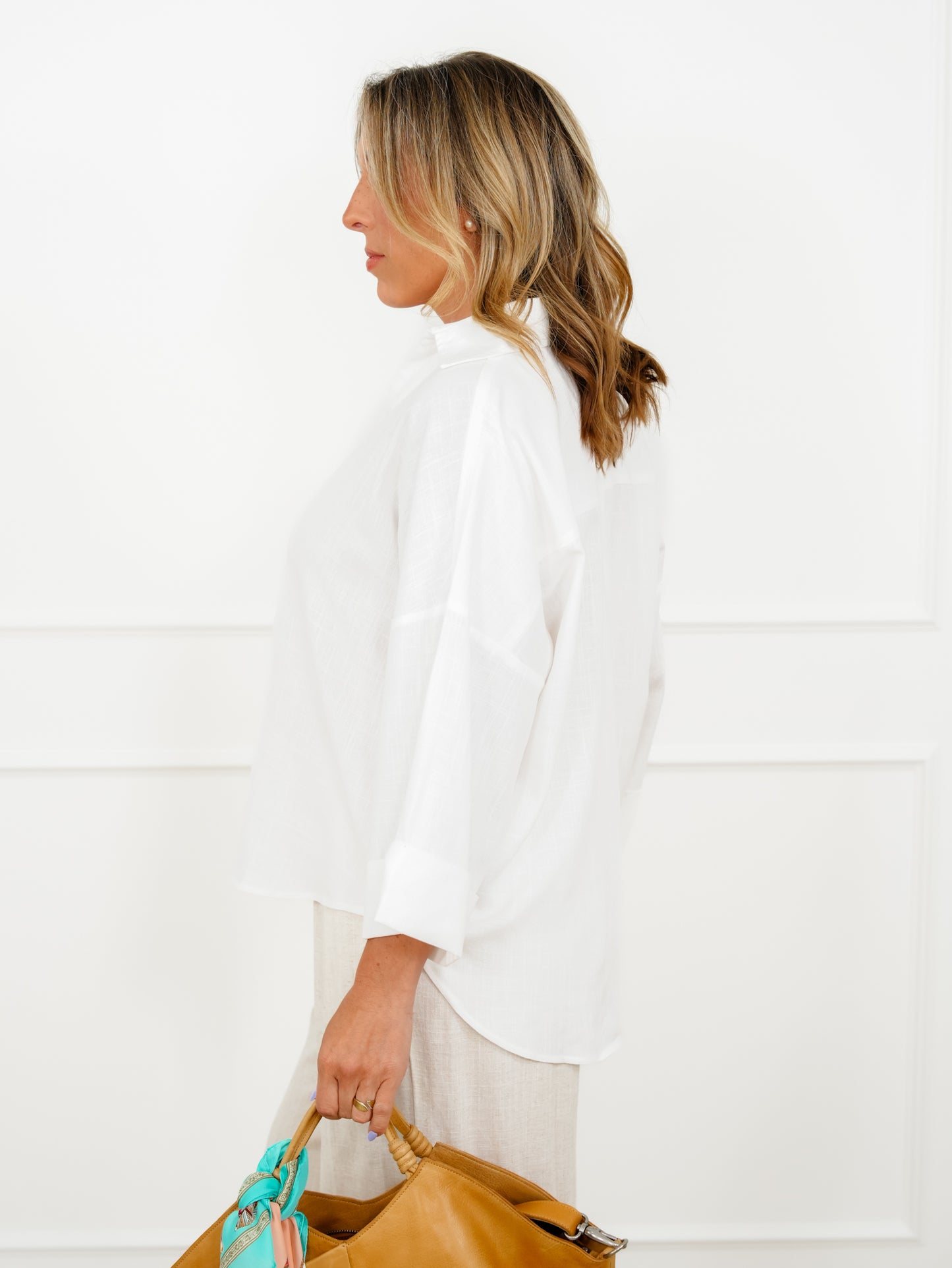 Plus/Reg White Linen Blend 3/4 Sleeve Button Down Top