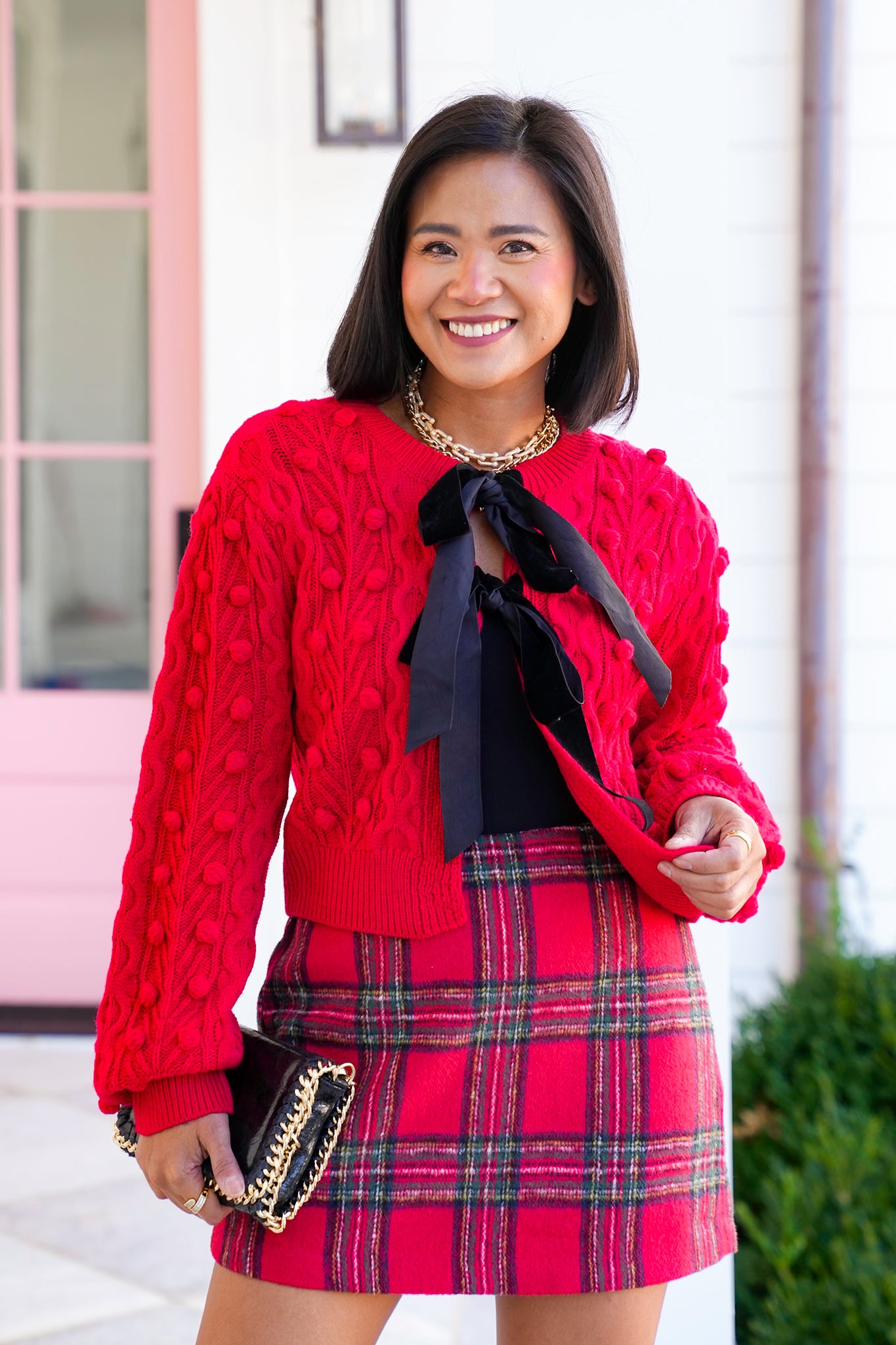 Pom Pom Cable Knit Long Sleeve Cardigan with Bow Tie Closure