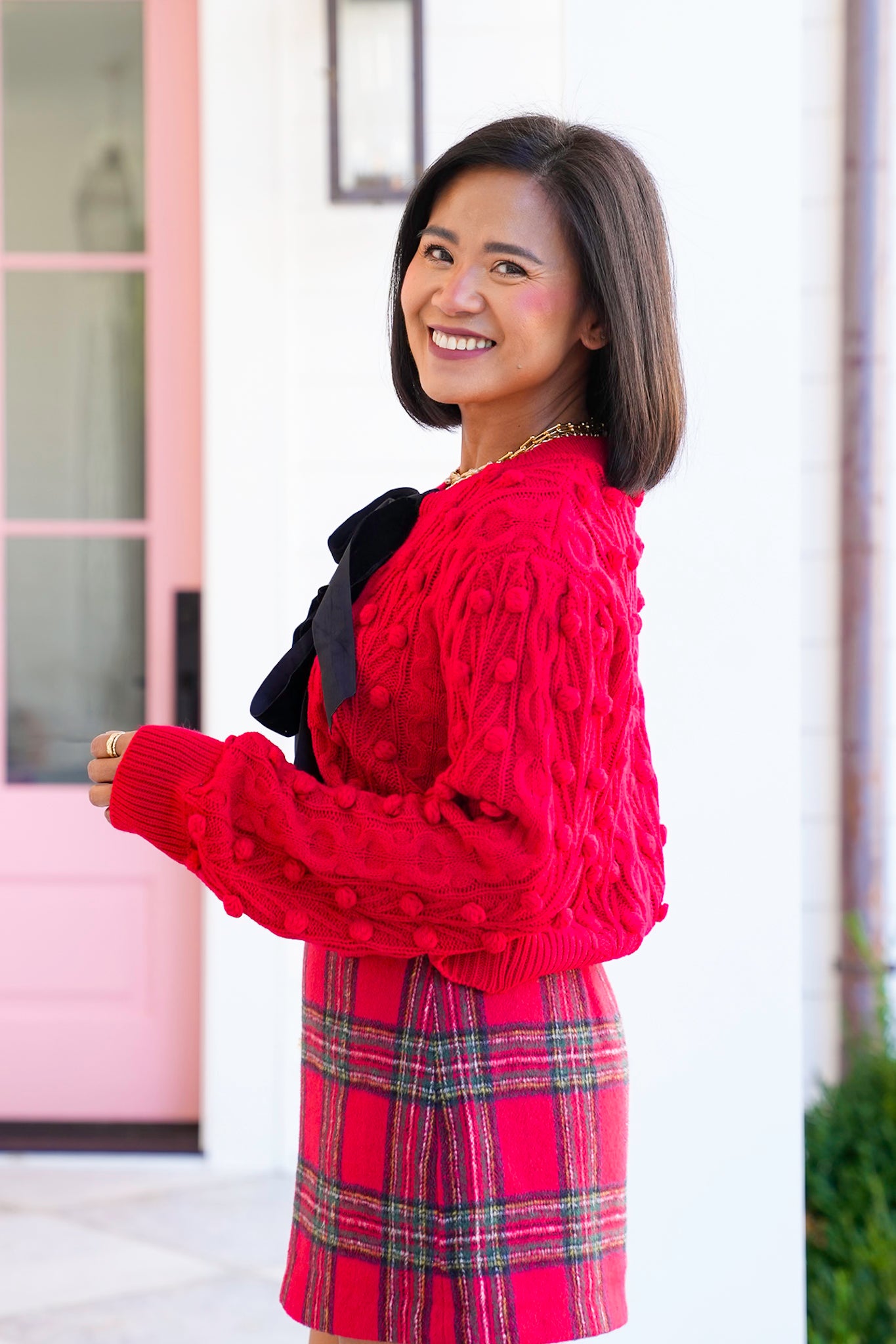 Pom Pom Cable Knit Long Sleeve Cardigan with Bow Tie Closure