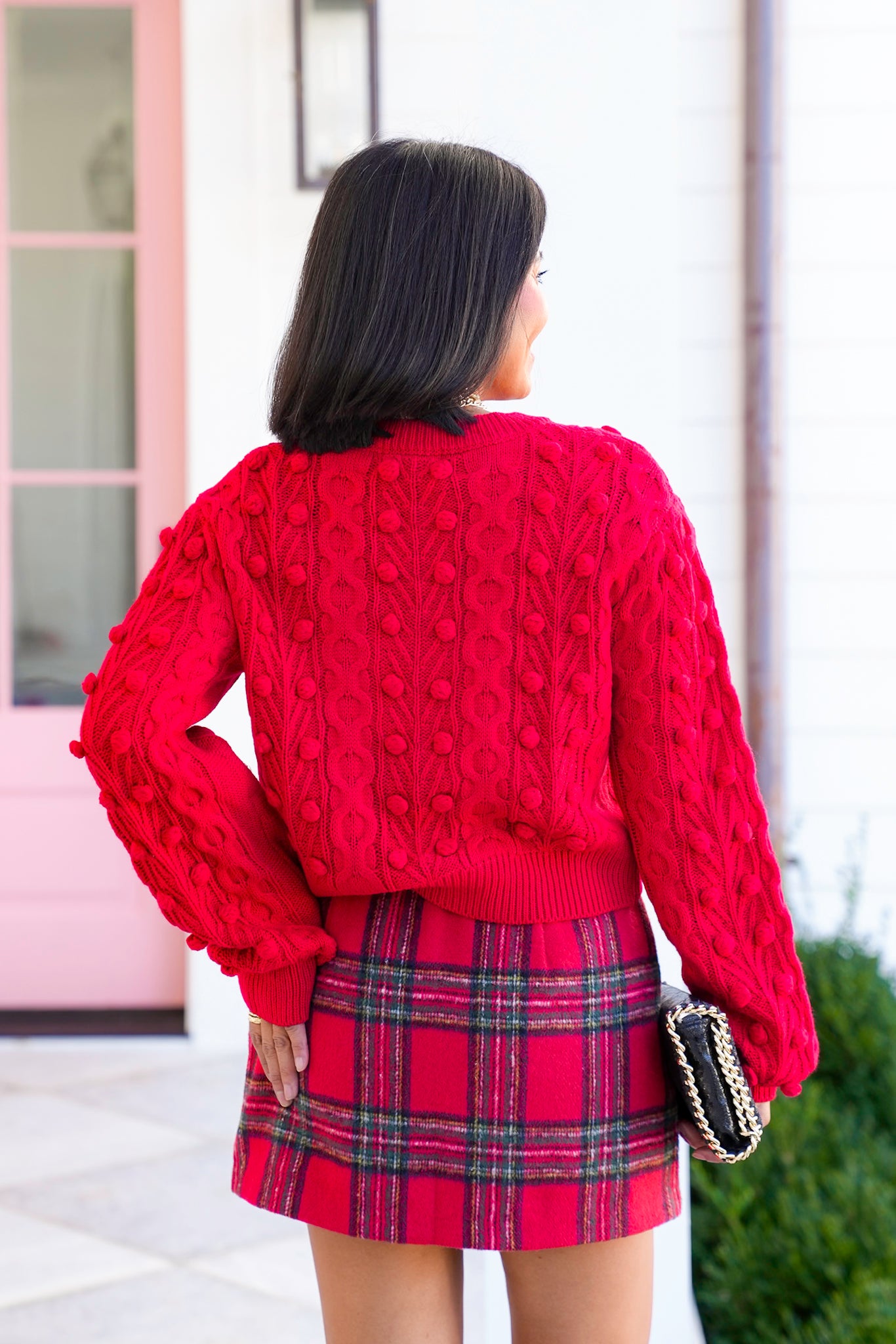 Pom Pom Cable Knit Long Sleeve Cardigan with Bow Tie Closure