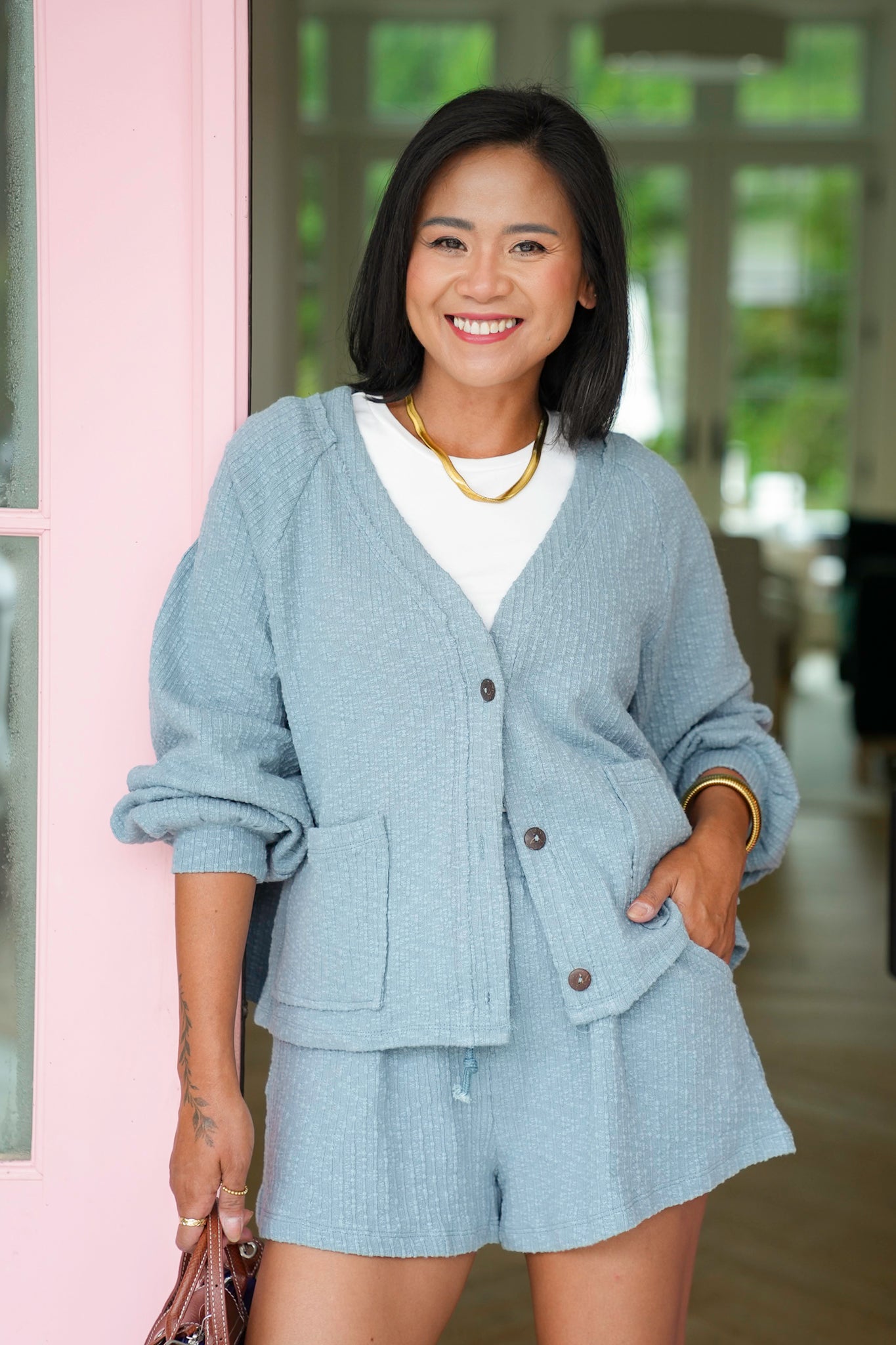 Textured Long Sleeve Cardigan and Shorts Set