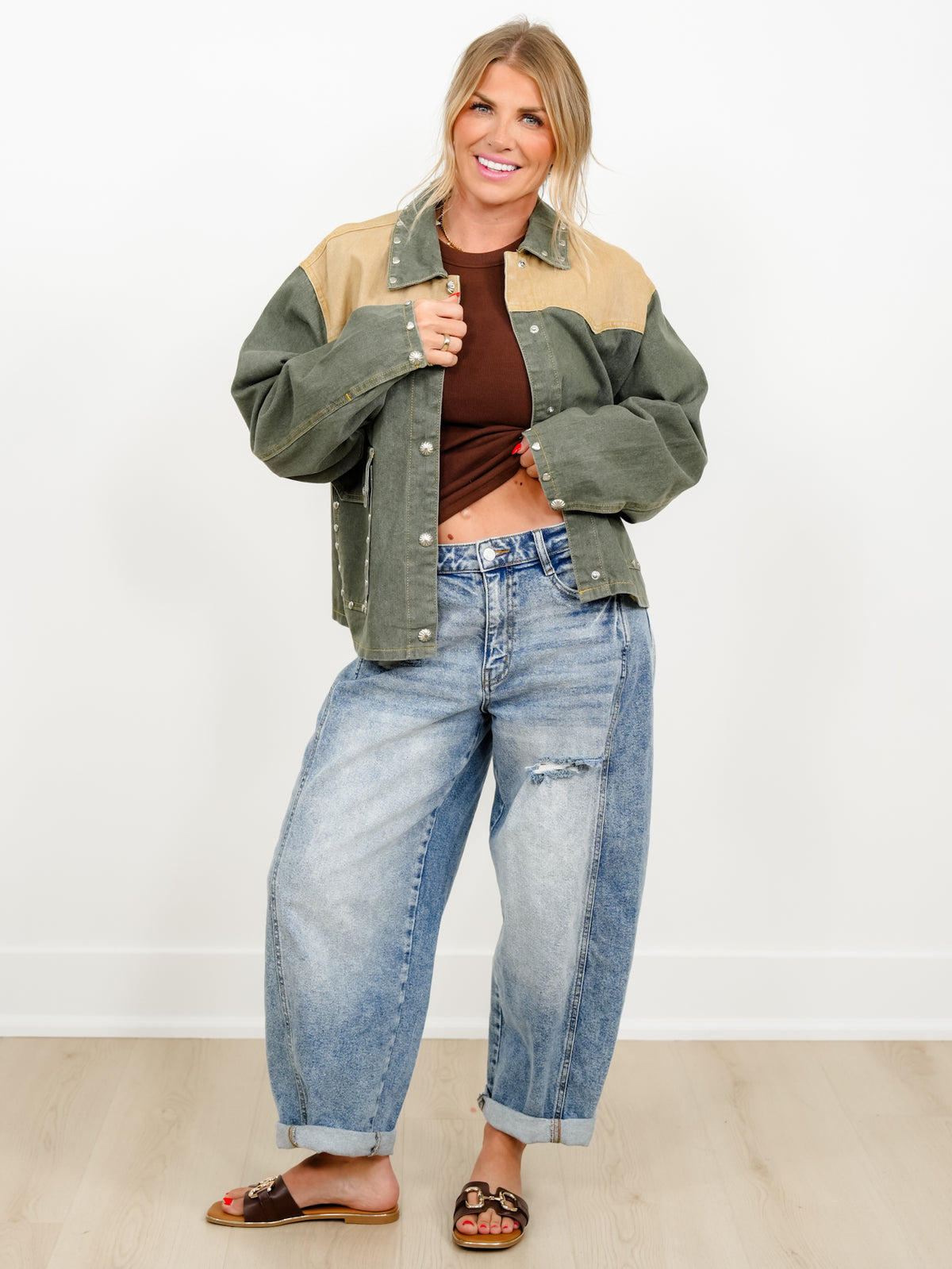 POL Heart Studded Snap Close Barn Jacket - Freckled Poppy