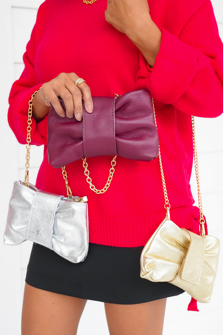 Genuine Italian Leather Bow Clutch, Top Handle Crossbody