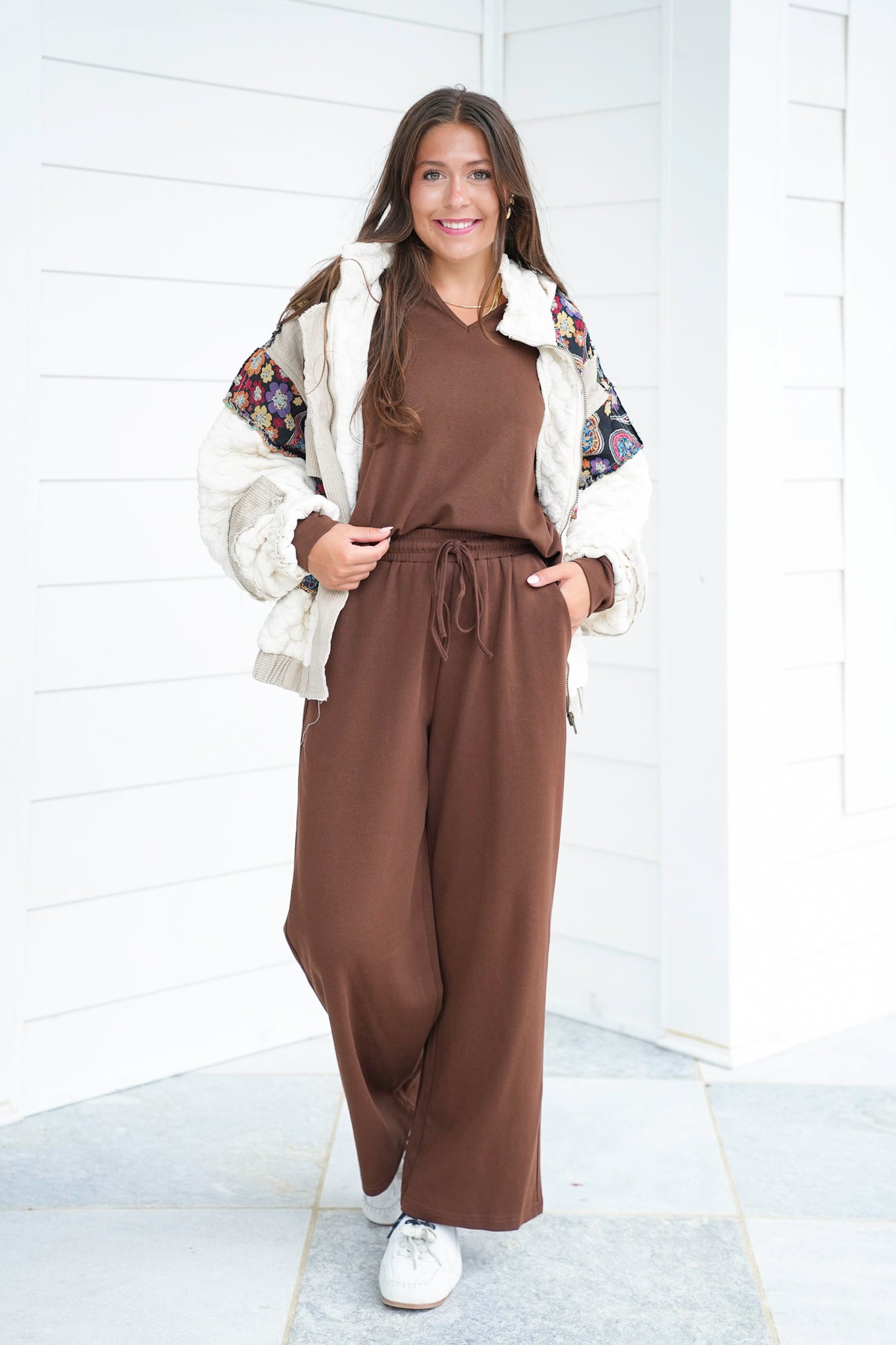 Solid Long Sleeve V Neck Top and Pants Set