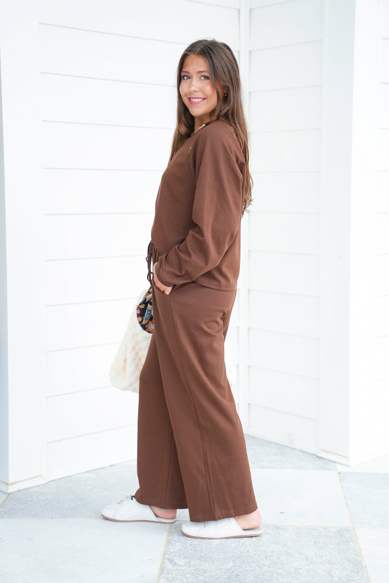 Solid Long Sleeve V Neck Top and Pants Set
