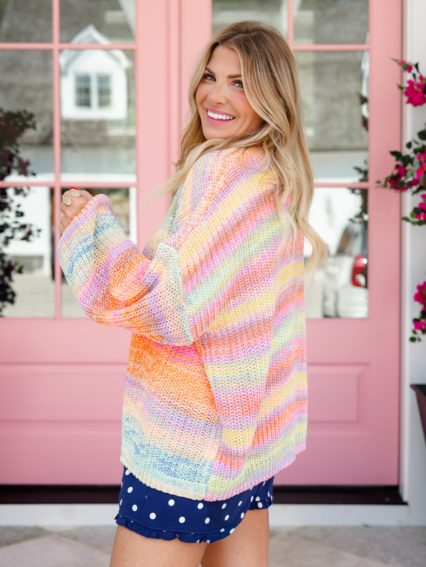 Neon Rainbow Stripe Long Sleeve Open Front Knit Cardigan