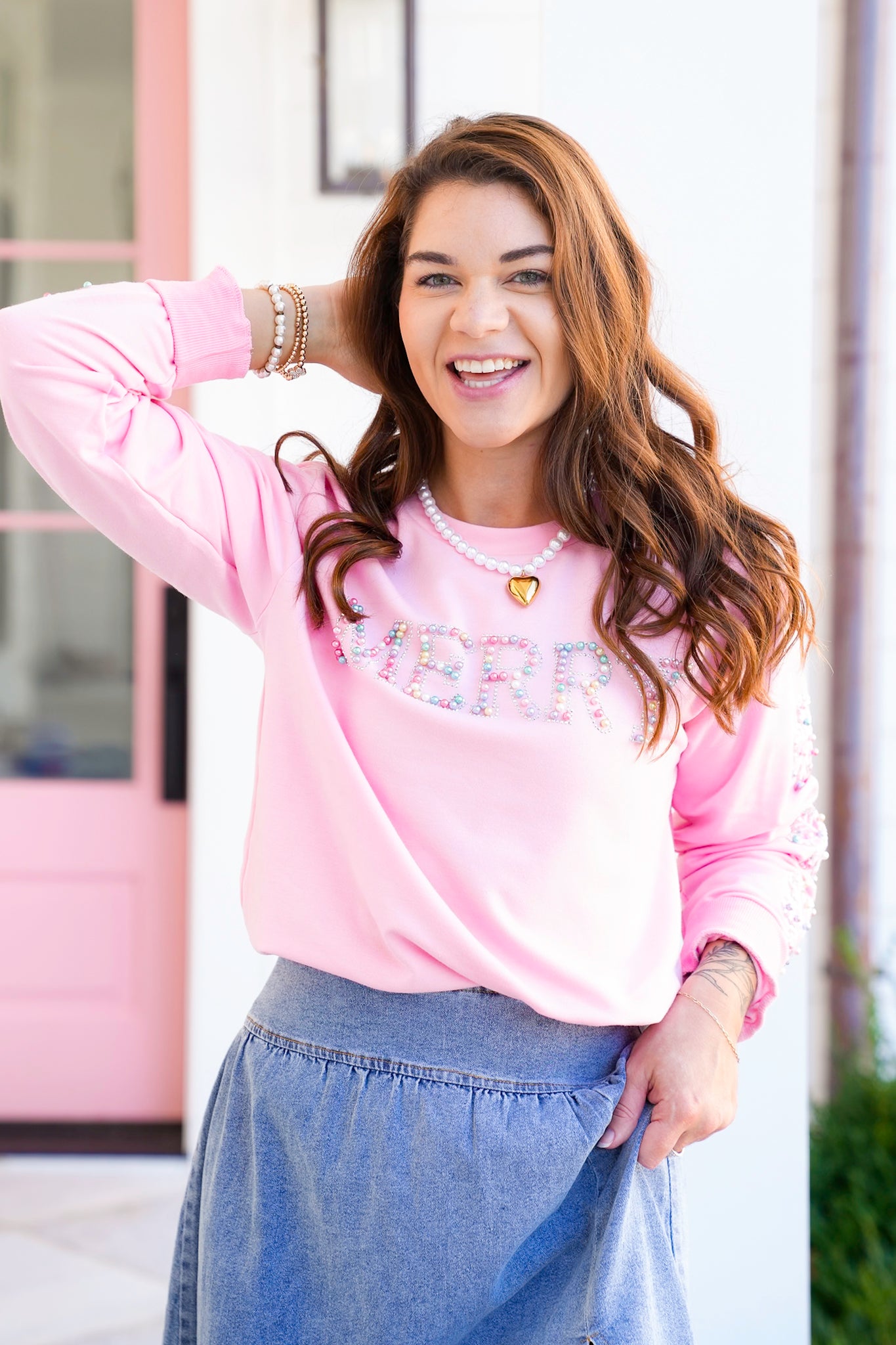 Plus/Reg Pearl and Rhinestone "Merry" Long Sleeve Sweatshirt