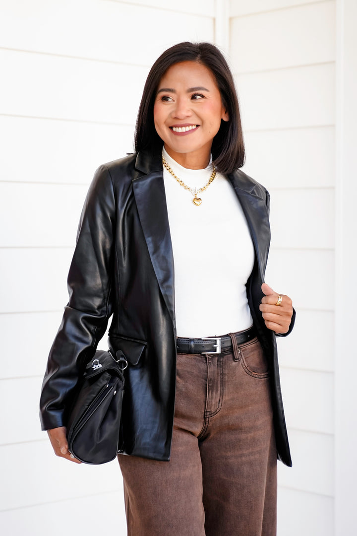 Vegan Leather Long Sleeve Open Front Blazer