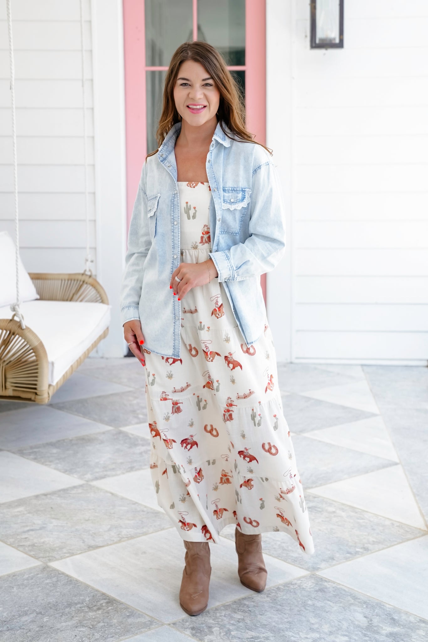 Washed Long Sleeve Button Up Top with Lace Detail
