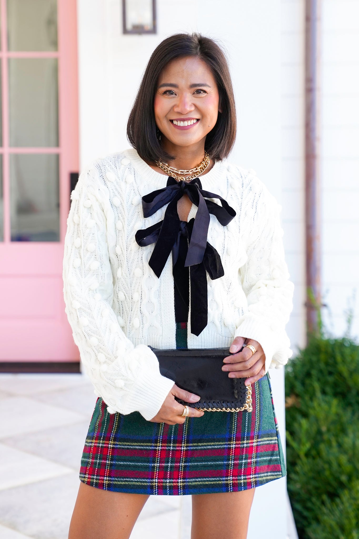 Pom Pom Cable Knit Long Sleeve Cardigan with Bow Tie Closure