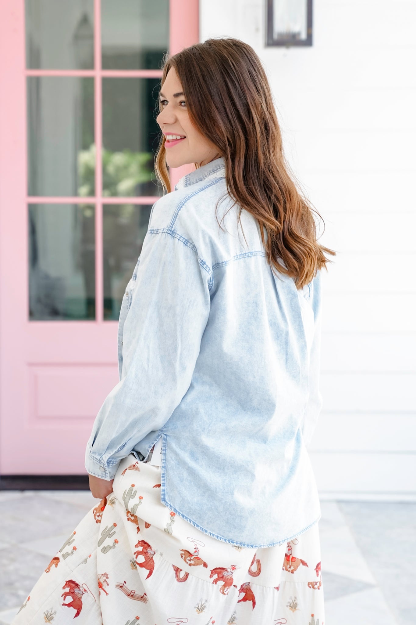Washed Long Sleeve Button Up Top with Lace Detail