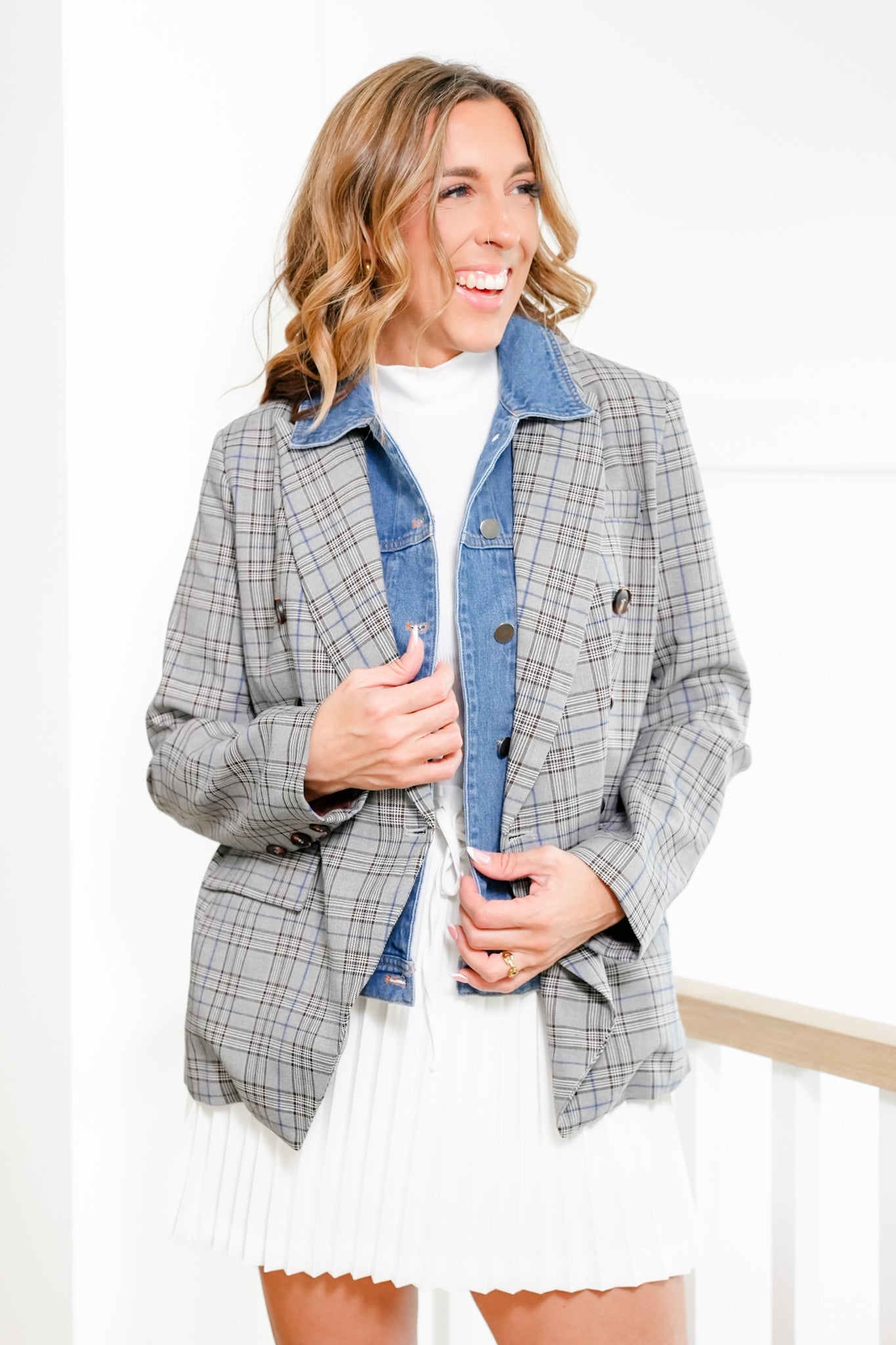Plaid Long Sleeve Layered Look Blazer