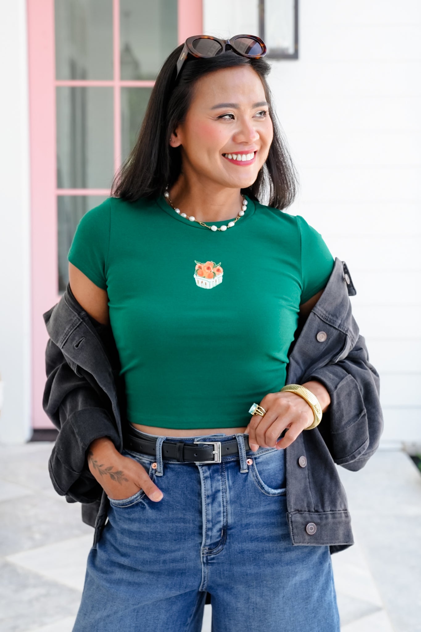 Short Sleeve "Basket of Peaches" Graphic Crop Top