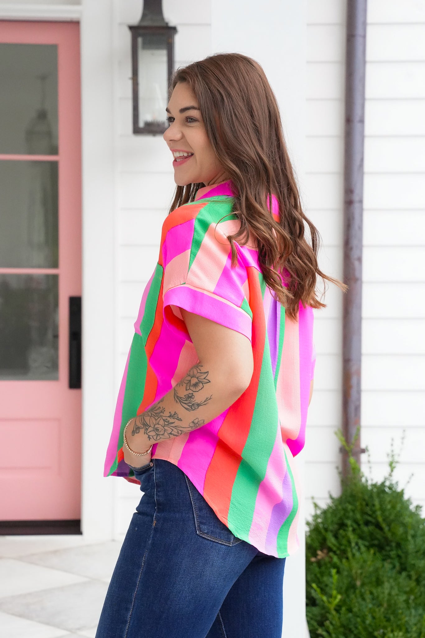 Restock! Plus/Reg Multi Color Short Sleeve Button Down Top