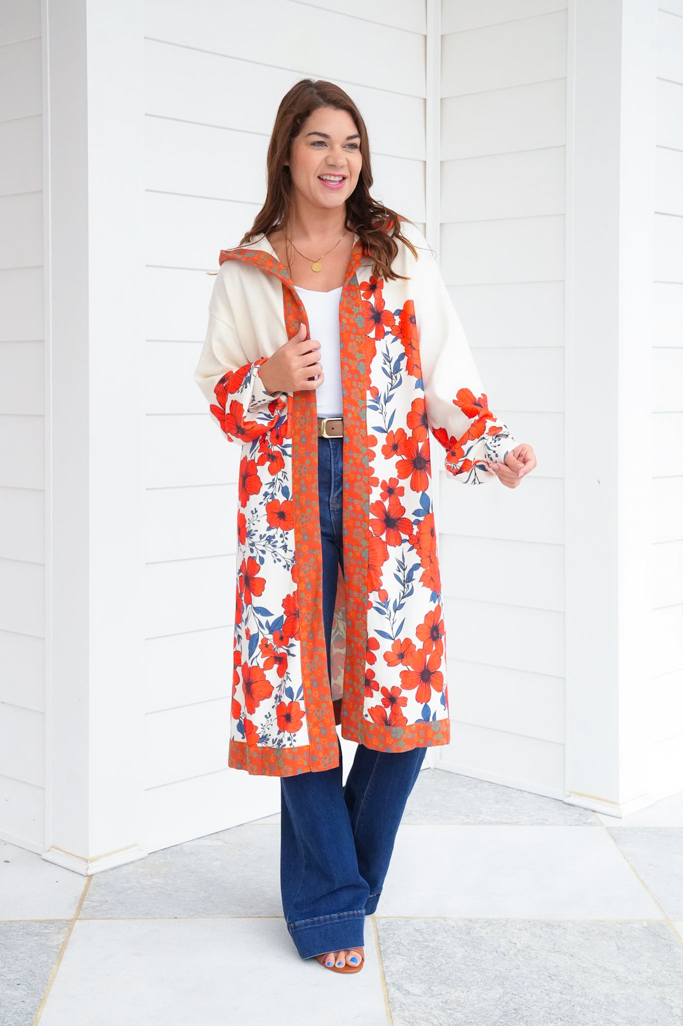 POL Floral Print Long Sleeve Open Cardigan with Hoodie