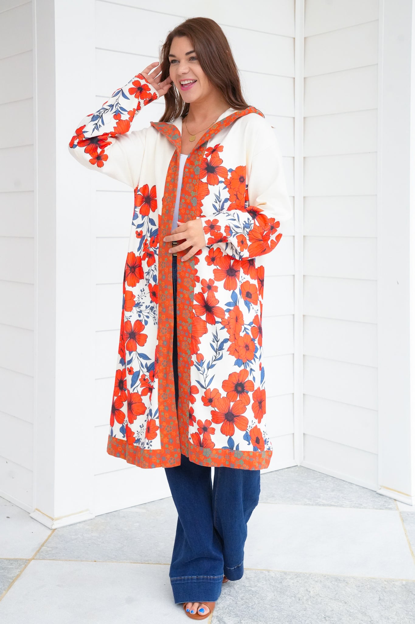 POL Floral Print Long Sleeve Open Cardigan with Hoodie
