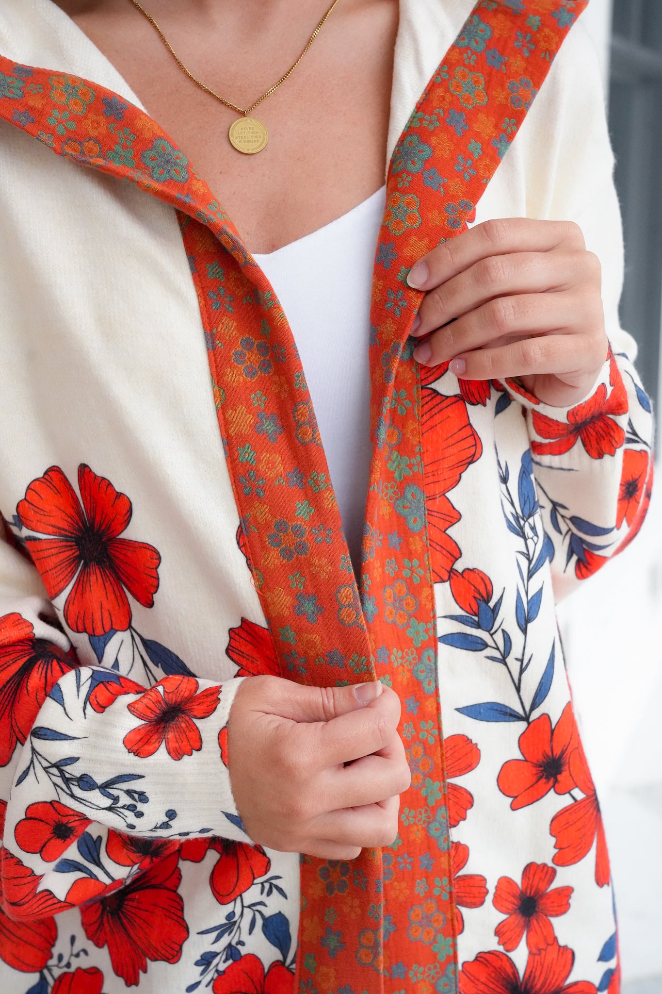 POL Floral Print Long Sleeve Open Cardigan with Hoodie
