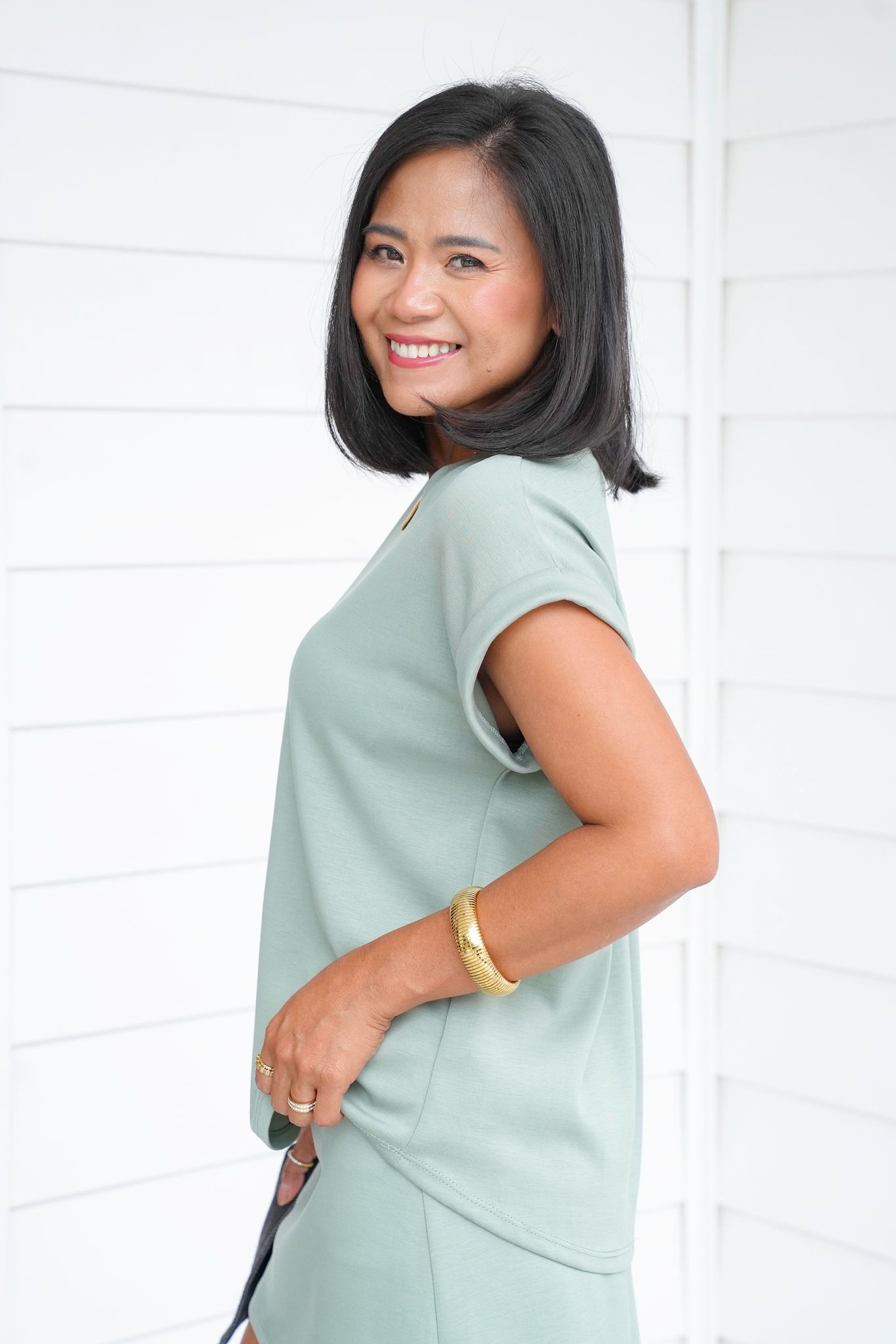 Short Cuffed Sleeve Round Neck Top