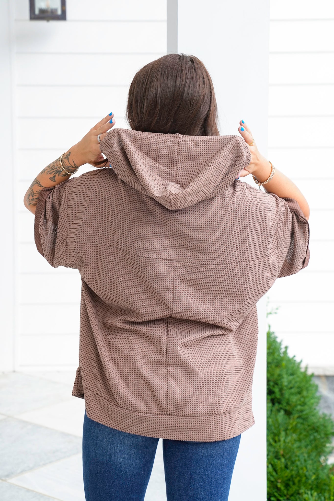 Door Buster! Plus/Reg Textured 3/4 Sleeve Hoodie Top with Front Pocket