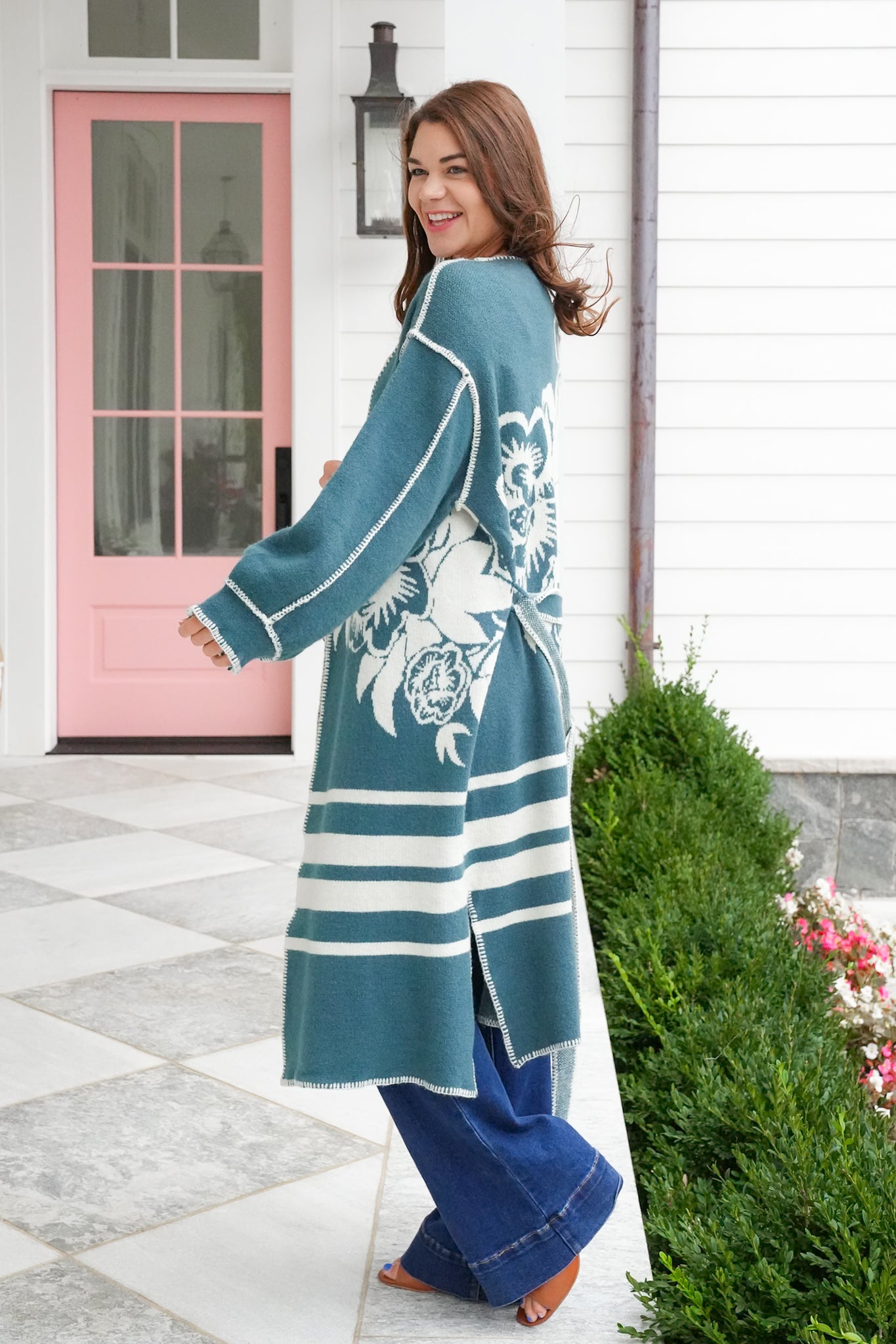 POL Floral Stripe Long Sleeve Open Cardigan