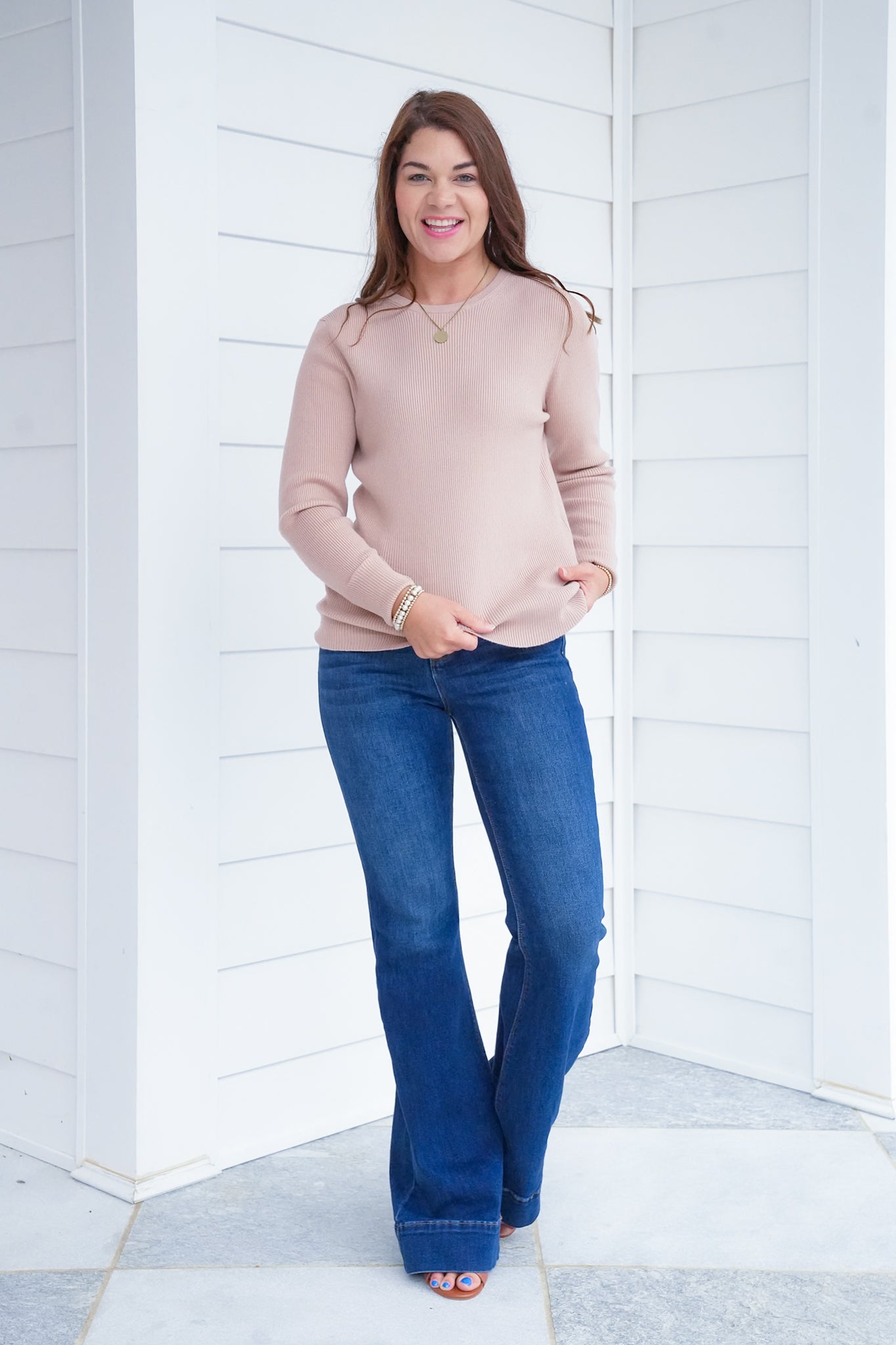 Ribbed Long Sleeve Crew Neck Pullover Sweater