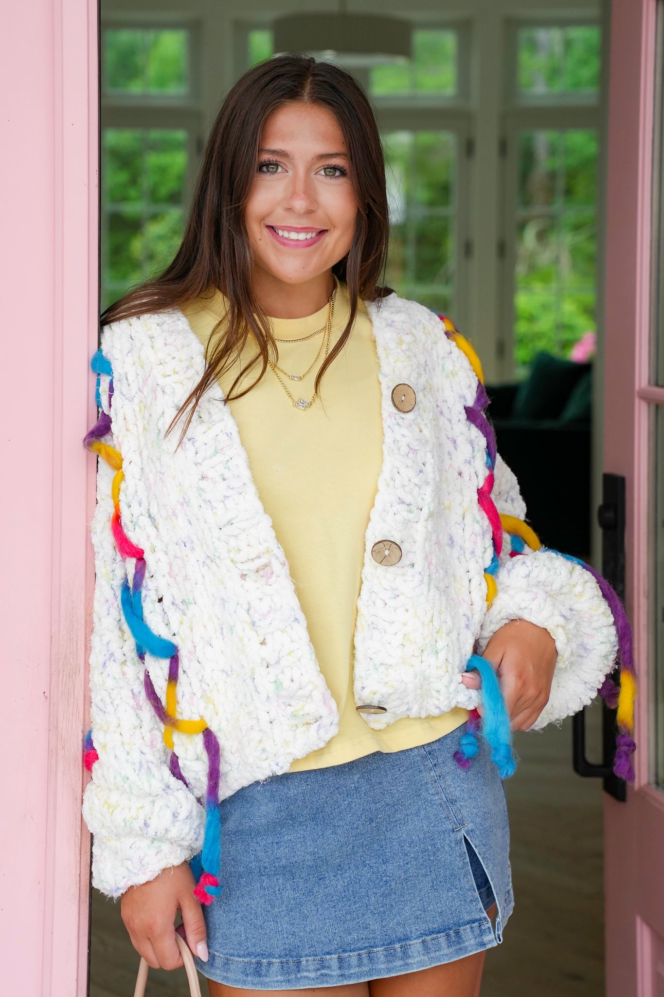 POL Cream Long Sleeve Button Up Cardigan with Colorful Stitch Detail