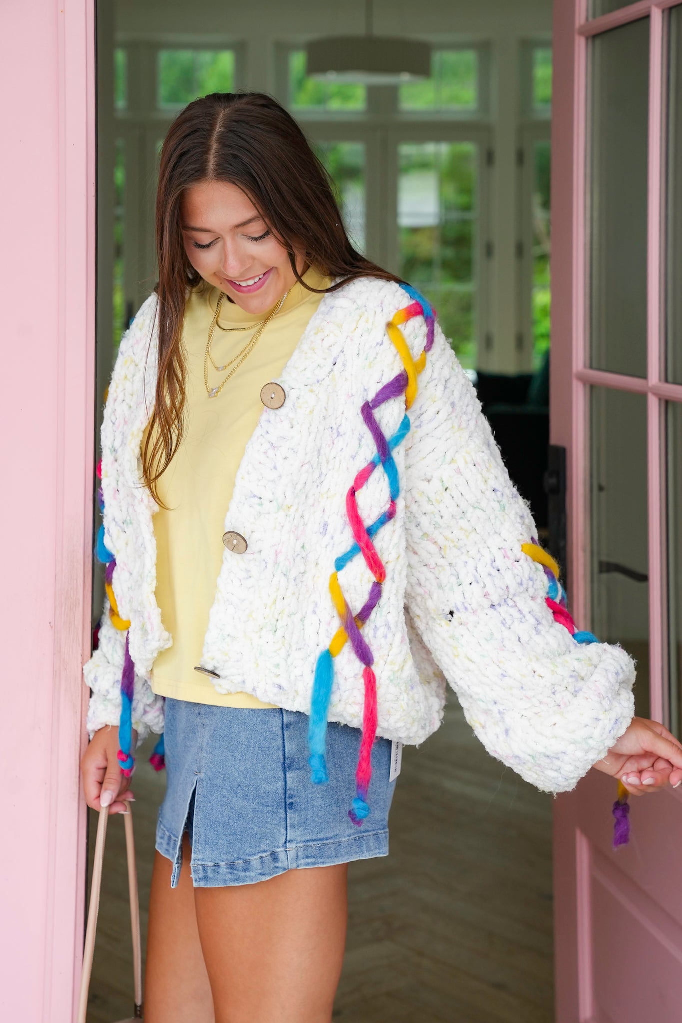 POL Cream Long Sleeve Button Up Cardigan with Colorful Stitch Detail
