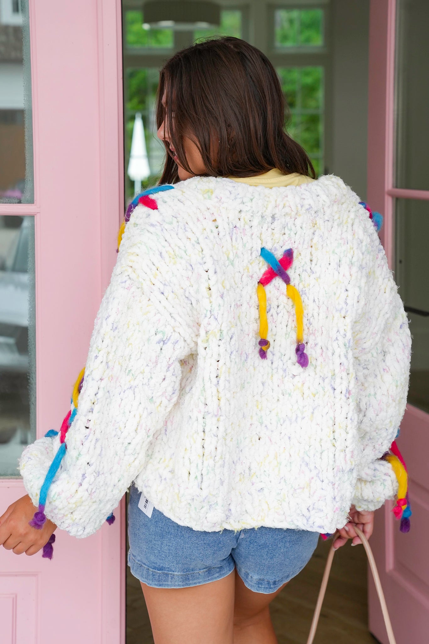 POL Cream Long Sleeve Button Up Cardigan with Colorful Stitch Detail