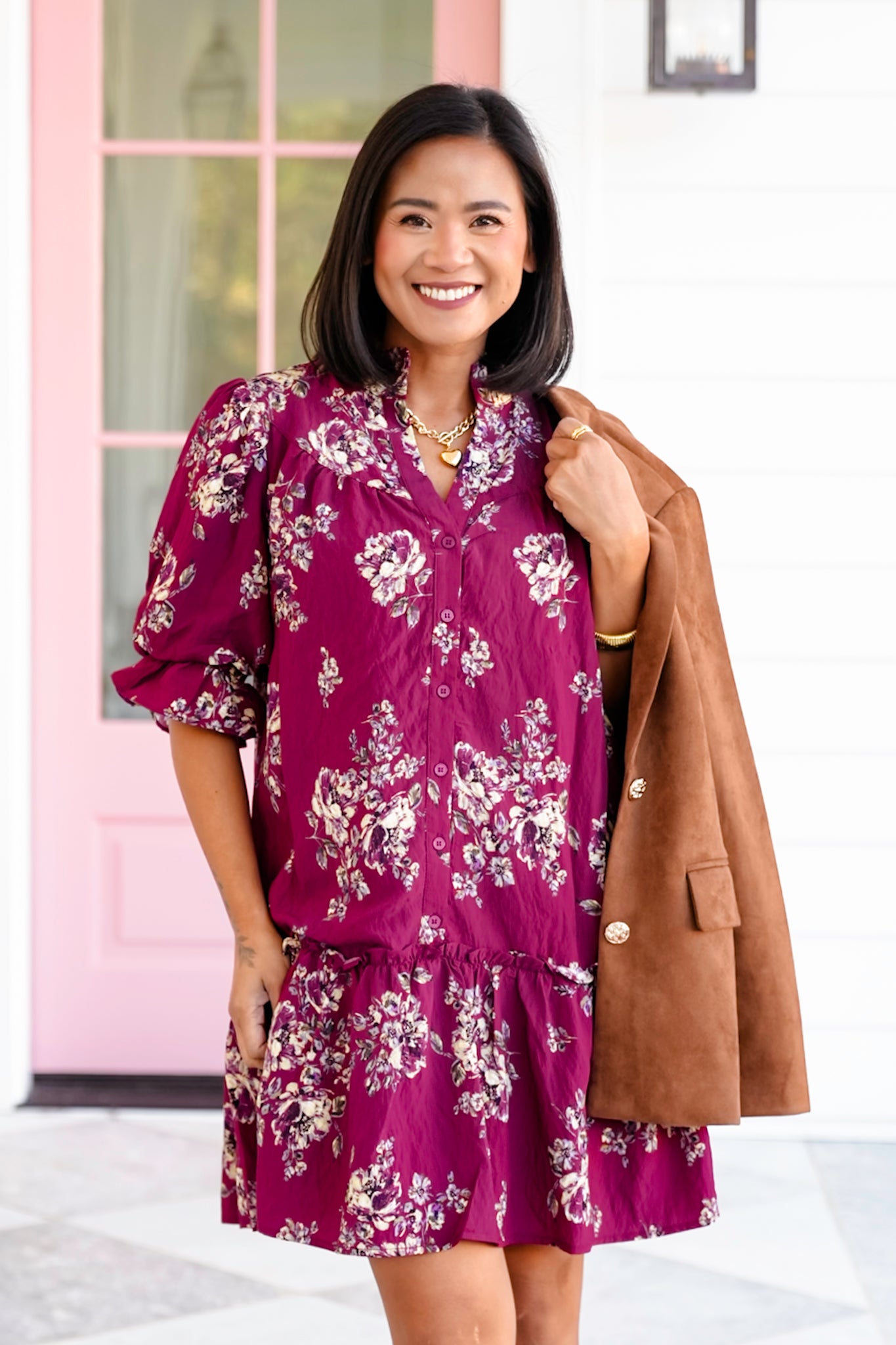 Floral Short Puff Sleeve Ruffle Hem Dress